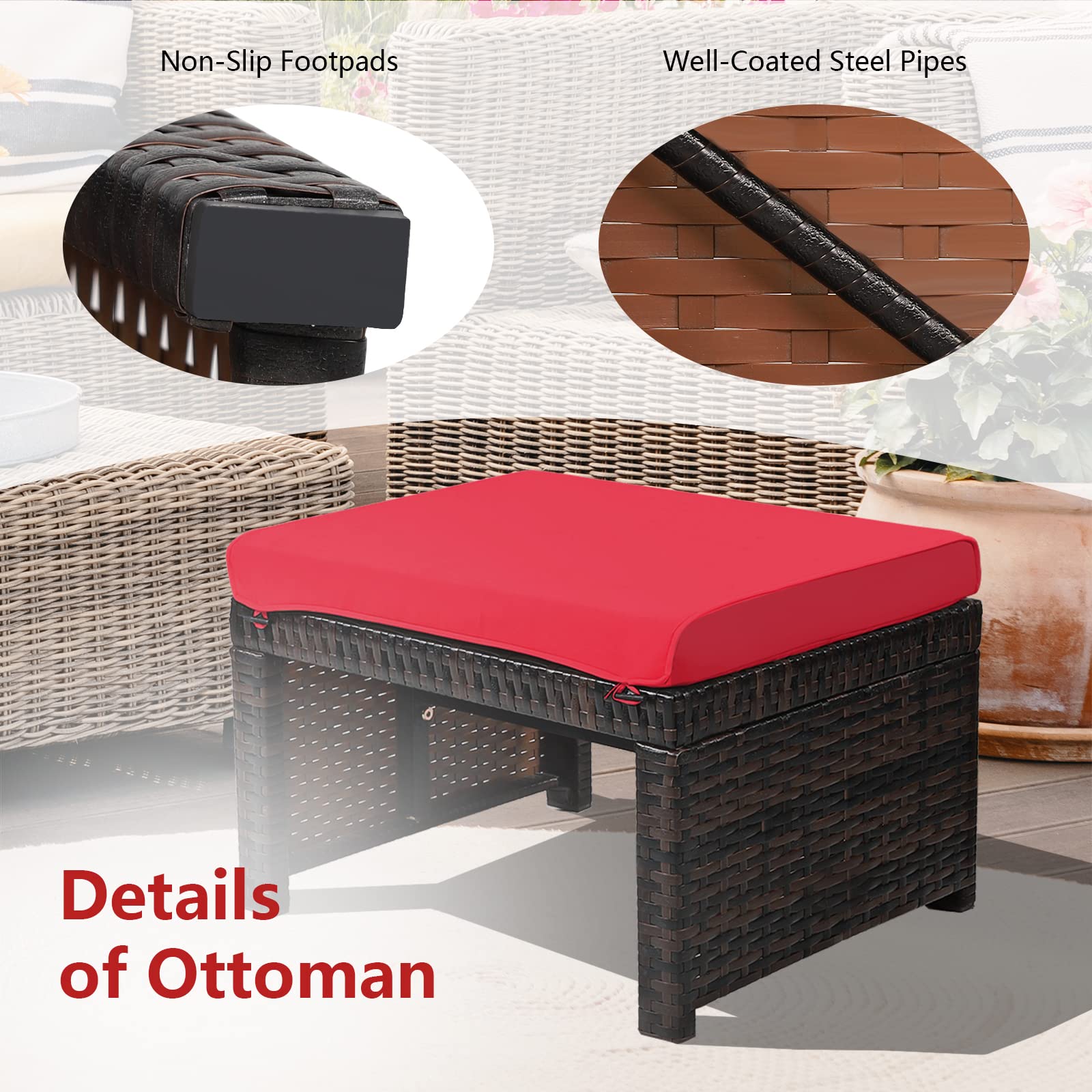 HAPPYGRILL 2-Piece Outdoor Wicker Ottomans with Cushions - Patio Rattan Footstool, Solid Steel Frame - Multifunctional Ottoman Set for Poolside, Backyard, Balcony & Garden Relaxation