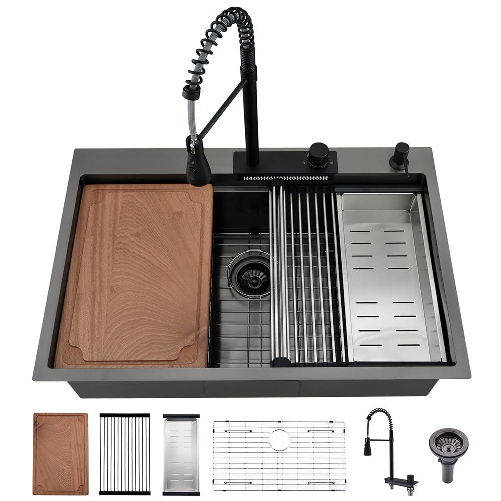 33x22 Inch Gunmetal Black Stainless Steel Drop-in Kitchen Sink Workstation with Waterfall Faucet Combo - 16 Gauge Top Mount Multifunctional Single Bowl Sink for Modern Home & Restaurant Use