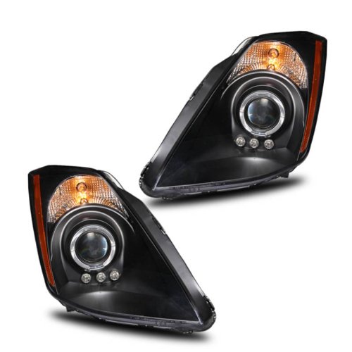 Nissan 350Z Black Projector Headlights Assembly with Halo Ring - Left & Right Pair Replacement Headlamps for Enhanced Night Driving & Custom Car Styling