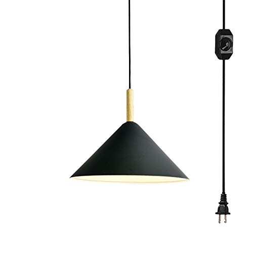 ANYE Black Cone Shade Pendant Light with 15ft Plug-in Cord, UL Listed On/Off Dimmer Switch & Wooden Handle - Nordic Minimalist Style Hanging Light Fixture for Restaurant, Dining Room, Cafe, Bedroom or Living Room (Bulb Sold Separately)