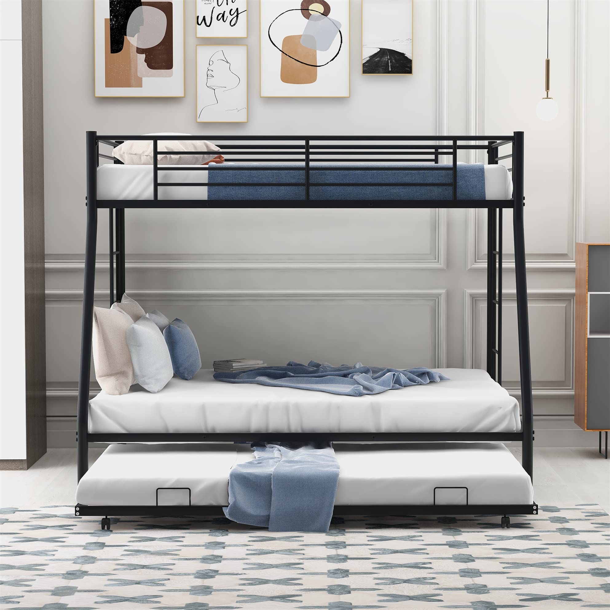 Twin Over Full Bunk Bed with Trundle - Heavy Duty Metal Bunk Bed Frame with 2 Ladders & Guardrail for Kids, Teens & Adults (3 Beds, Black) - Perfect for Small Rooms, Guest Rooms & Vacation Homes