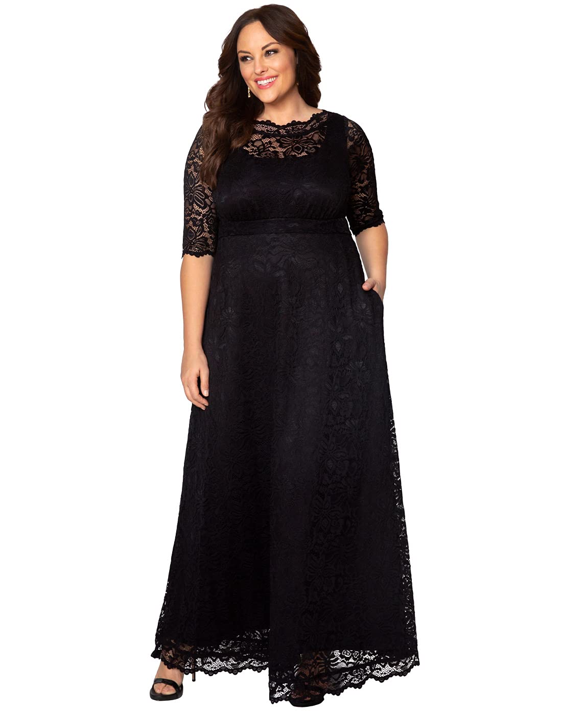 Kiyonna Women’s Plus Size Leona Lace Gown - Elegant Maxi Dress for Wedding Guest, Formal Evening & Ball Gown with Side Pockets | Perfect for Special Occasions, Parties & Black Tie Events