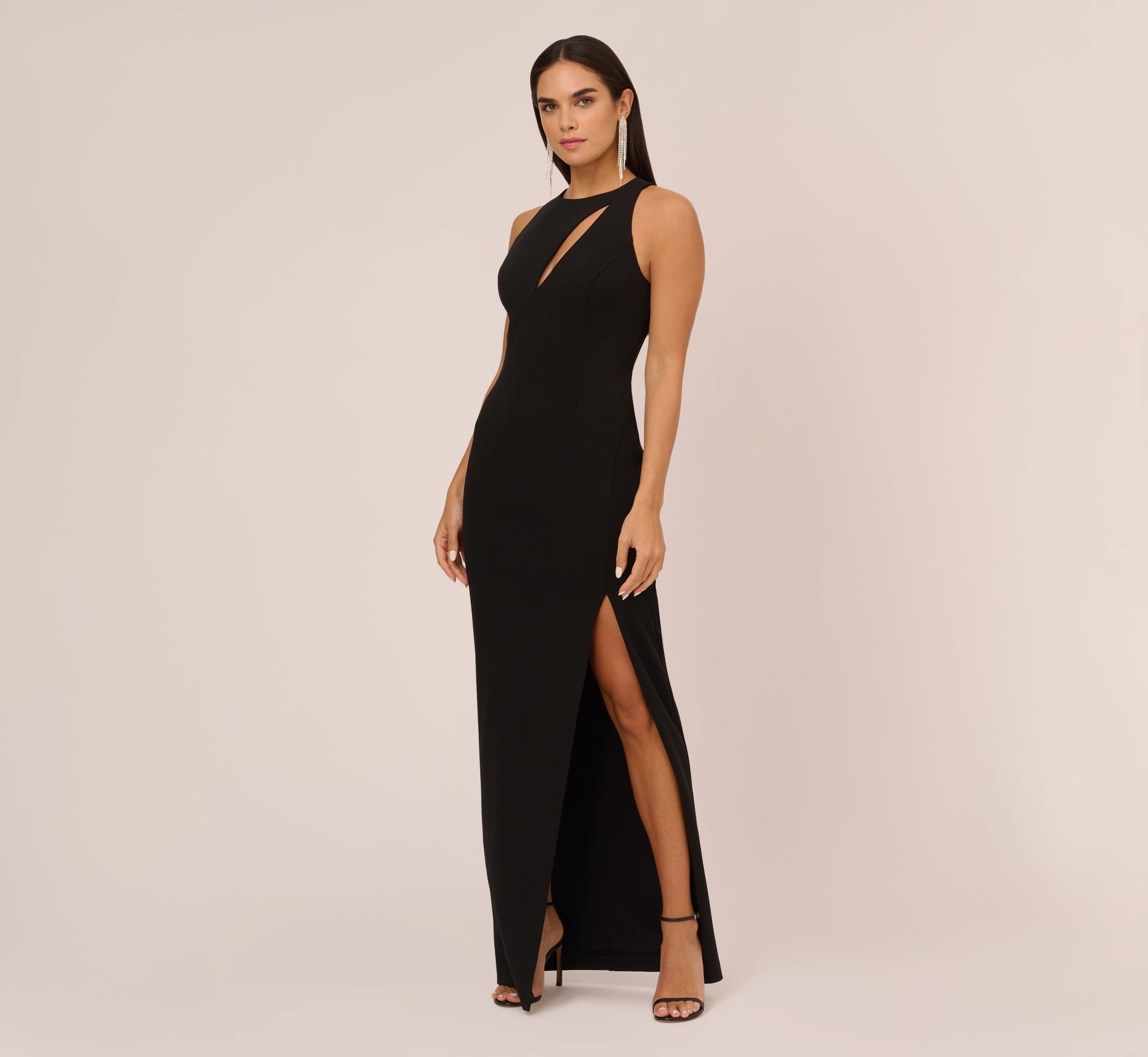 Elegant Black Knit Crepe Sleeveless Column Gown with Cutout Neckline - Perfect for Evening Parties, Prom, and Formal Events