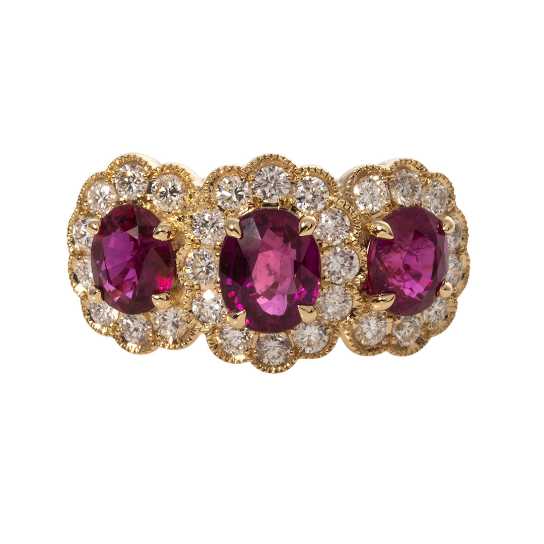 Exquisite Three Stone Oval Ruby & Diamond Halo 14K Yellow Gold Engagement Ring for Women - Perfect for Proposals, Anniversaries & Special Occasions