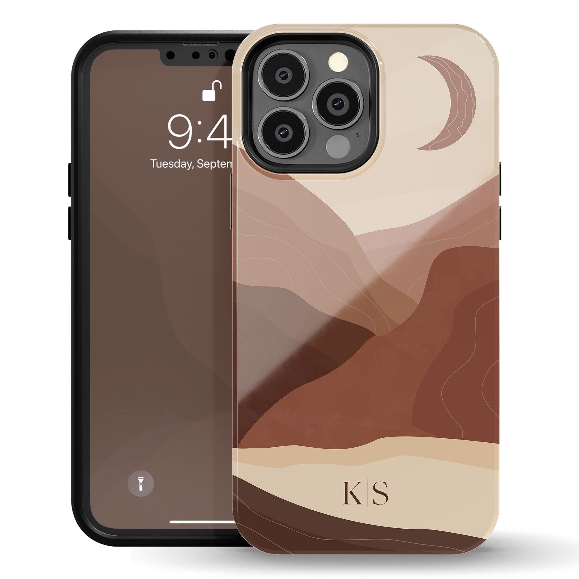 Boho Style Personalized Monogram Phone Case with Custom Initials - Compatible with iPhone 16 Plus/15 Pro Max/14/13 Mini/12/11/X/XS Max/XR/7/8 - Brown Floral Landscape Design - Perfect Gift for Women & Daily Protection