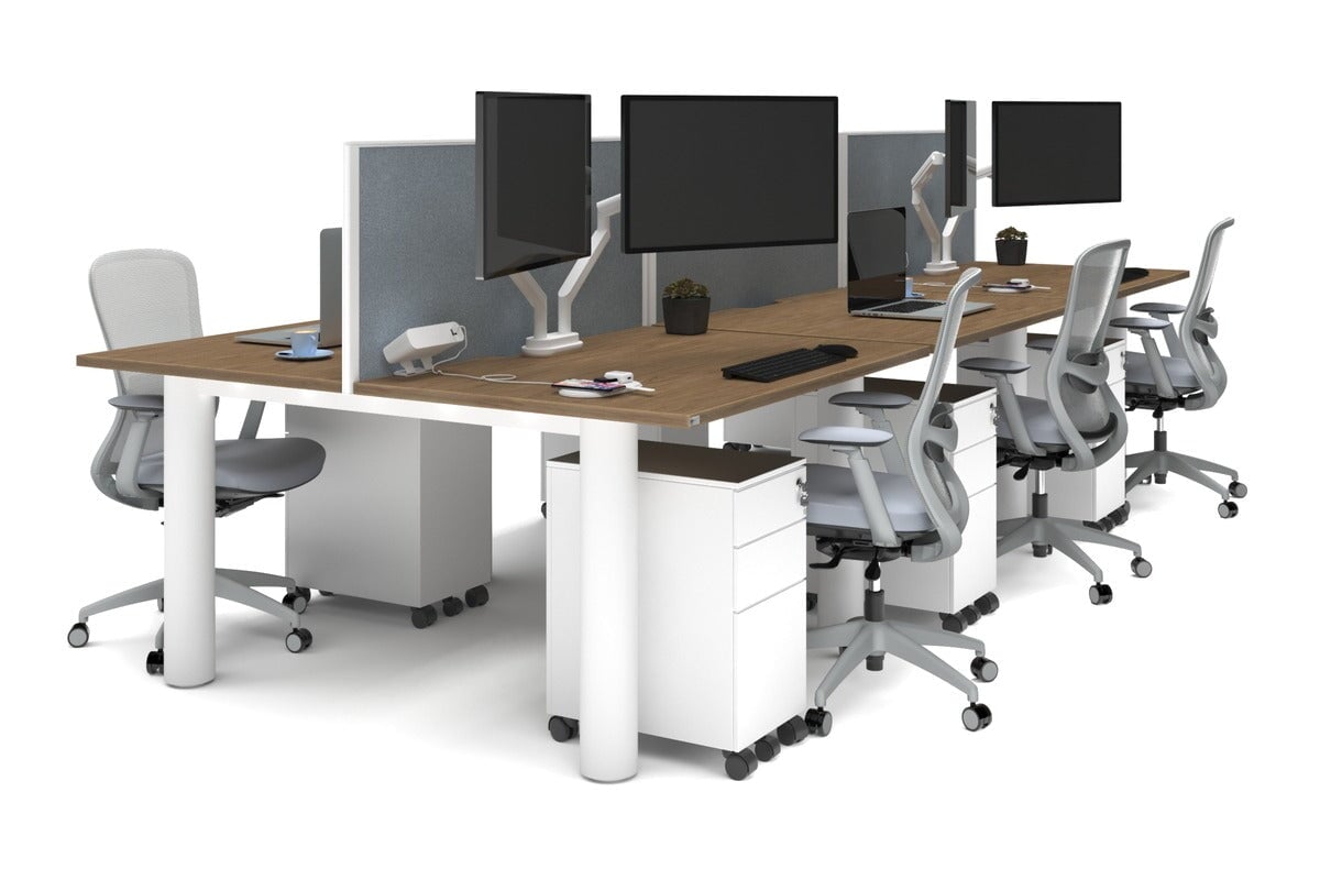 Quadro Cylinder Leg 6-Person Office Workstation Desk - 1400L x 800W with Cable Management Scallop - Modern Open Office Layout, Team Collaboration Space, Shared Workspace Solution