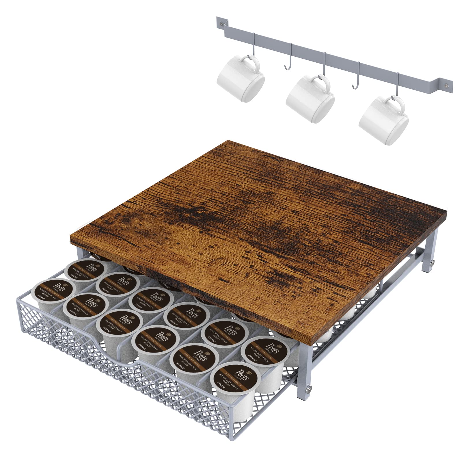 K Cup Organizer Drawer - 36 Capacity Coffee Pod Storage Holder with Baskets for Keurig Machines | Space-Saving Kitchen Countertop Organizer for Coffee Capsules (Silver)