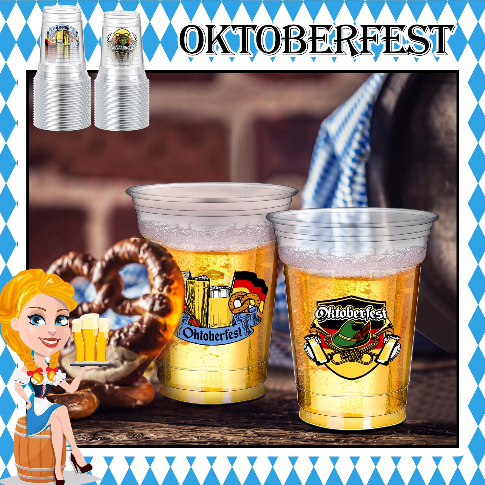 Bokon 100-Pack 16oz Oktoberfest Plastic Beer Cups - Thick Clear Disposable Cups for German Pretzel Beer, Bavarian Themed Party Supplies - Perfect for Oktoberfest Festival, Beer Tasting, and Themed Party Decorations