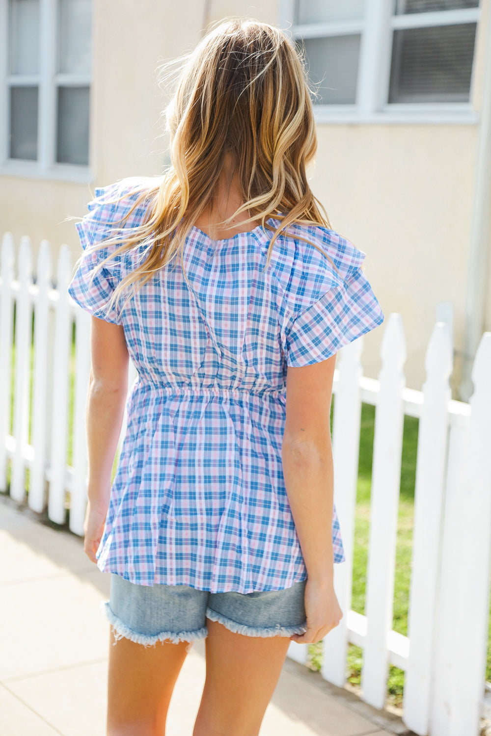 Stylish Blue Plaid V-Neck Ruffle Elastic Babydoll Top for Women - Perfect for Casual Outings, Dates & Summer Fashion