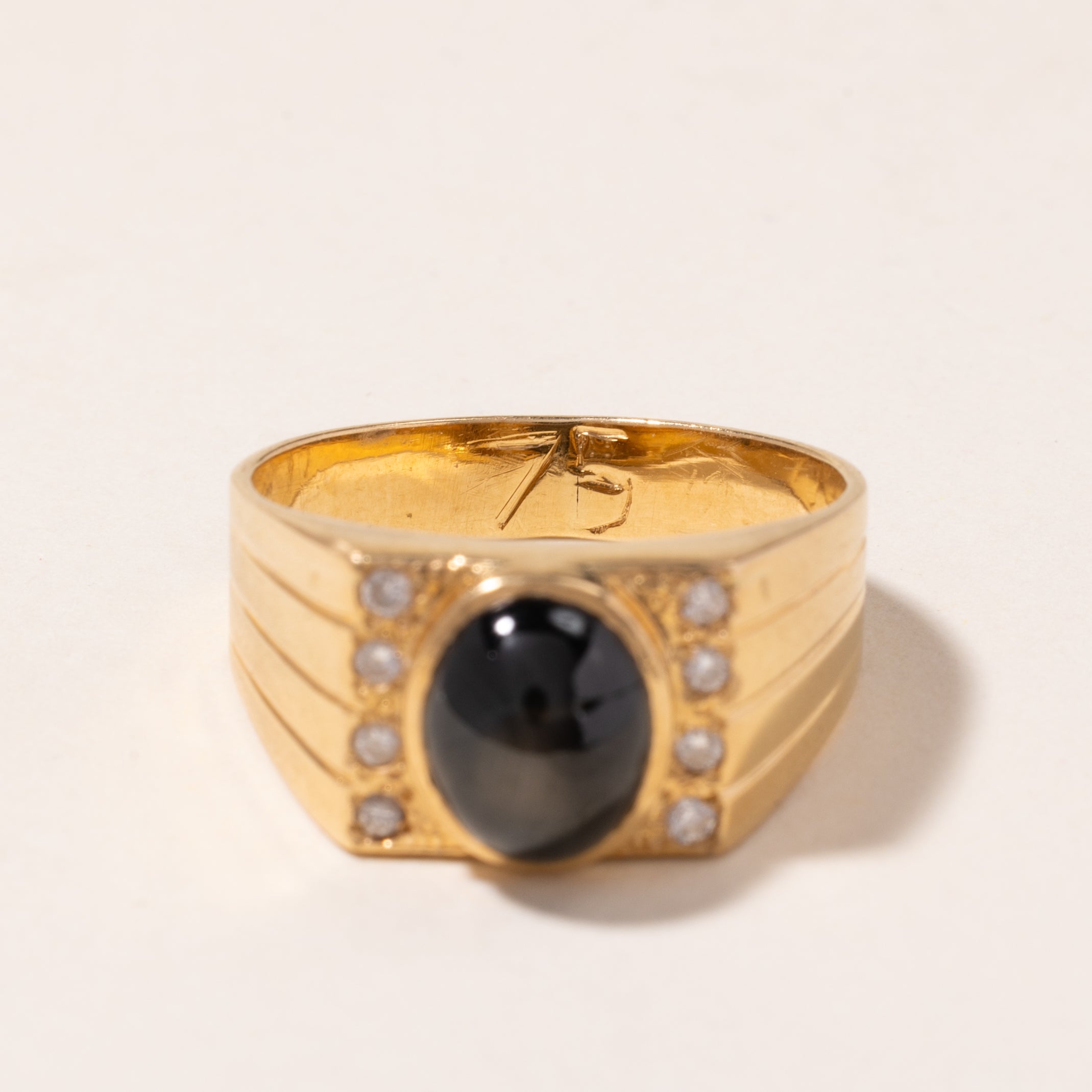 18K Yellow Gold Black Star Sapphire & Diamond Ring - 3.59ct Sapphire, 0.13ctw Diamonds - Size 9.5 - Elegant Wedding, Anniversary & Engagement Jewelry Gift for Women