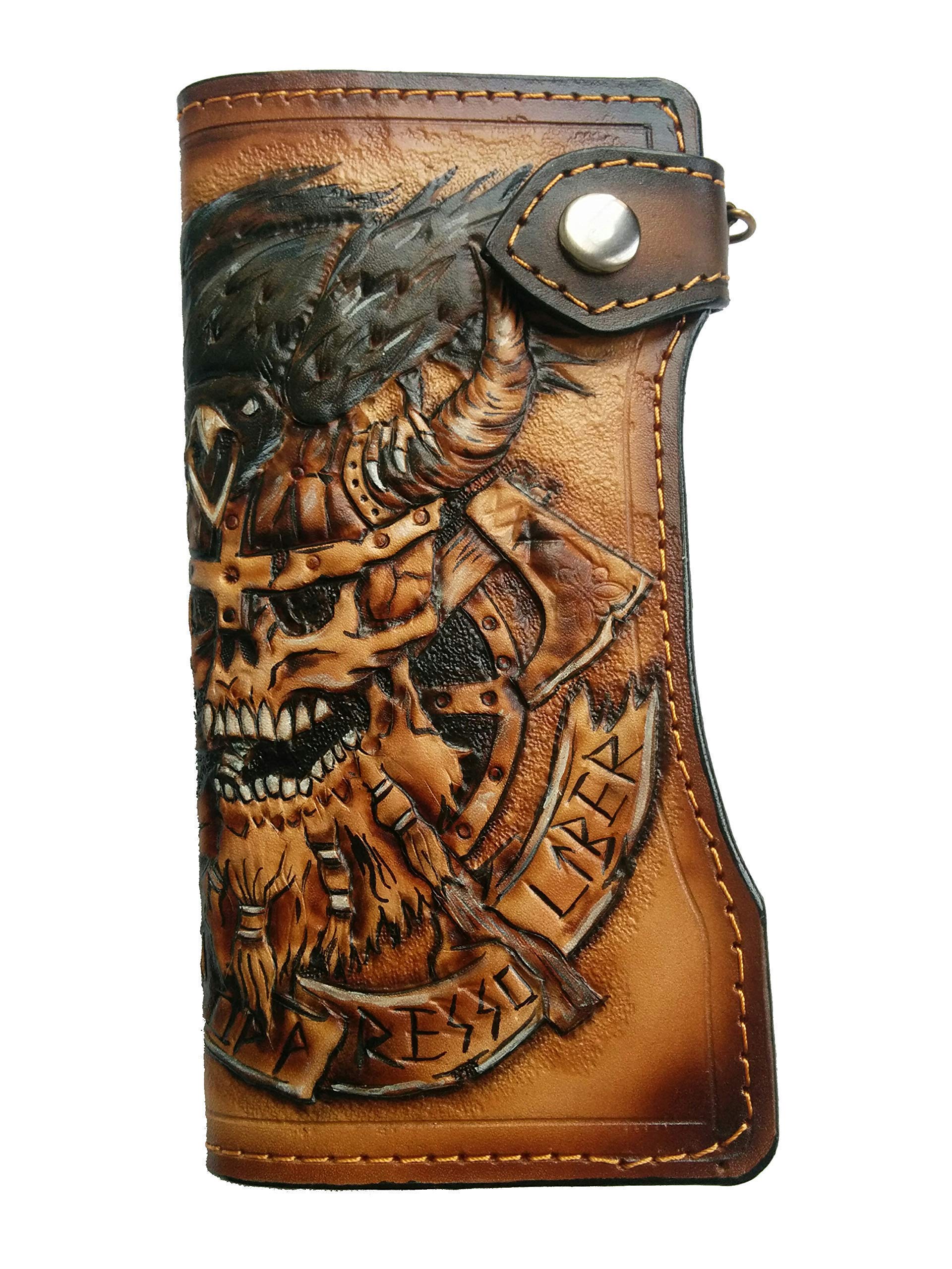 Handmade 3D Genuine Leather Biker Wallet for Men - Viking Skull & Crow Design with Rune Carvings - Custom Personalized Long Wallet for Motorcycle Enthusiasts & Gift Giving