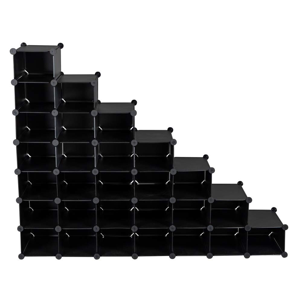 7-Tier Shoe Rack Organizer - Space Saving 28-Pair Plastic Shoe Storage Cabinet for Entryway, Hallway, Bathroom & Living Room - Black/Grey (Black) - Perfect for Small Spaces & Closet Organization