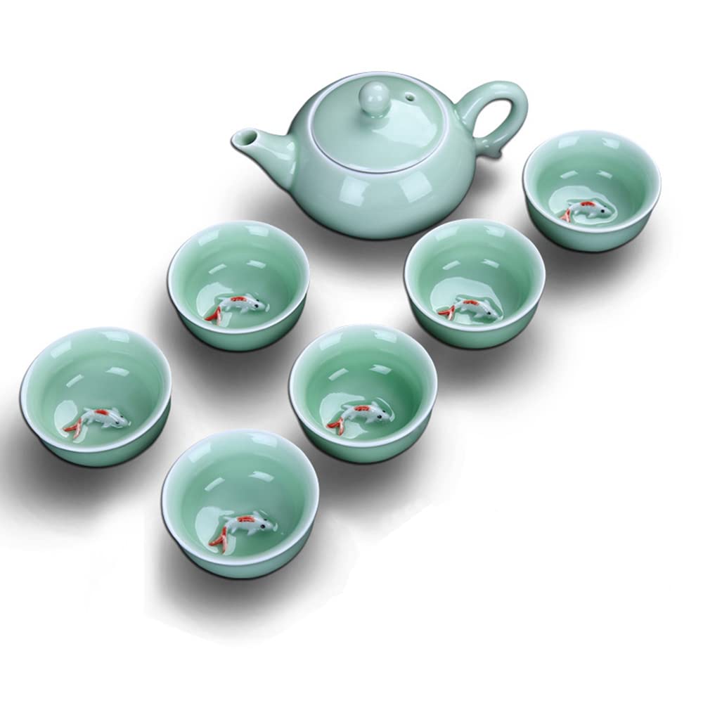 Premium Blue and White Porcelain Kung Fu Tea Set - Handcrafted Chinese Ceramic Tea Kit with Koi Fish Design, 7-Piece Home Tea Ceremony Set for Relaxation & Gifts | Durable Green Glaze Porcelain Teacups & Accessories | Perfect for Meditation, Zen Decor, and Asian Tea Culture Enthusiasts