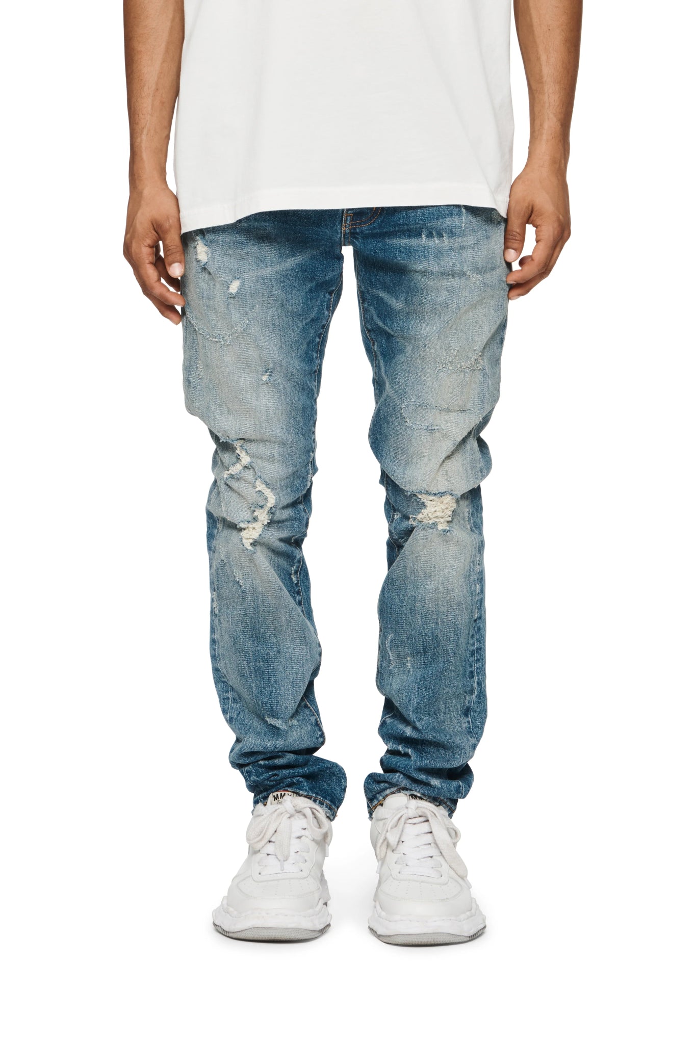 Purple Brand P001 THMI Thrashed Mid Indigo Jeans - Vintage Distressed Denim for Men | Perfect for Casual Wear, Street Style & Everyday Outfits