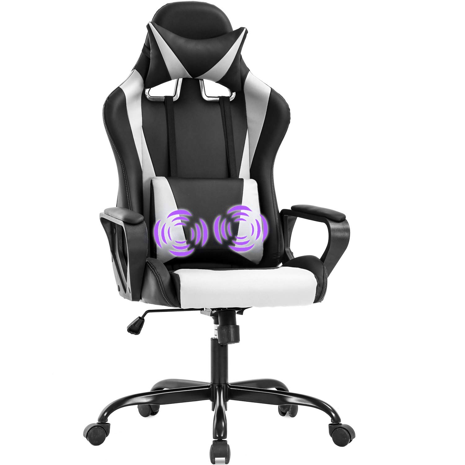 Ergonomic Gaming Chair with Massage & Lumbar Support - High Back PU Leather Racing Style Office Chair with Adjustable Headrest & Arms - Swivel Rolling Computer Desk Chair for Adults & Teens - Perfect for Gaming, Home Office & Workstations (White)
