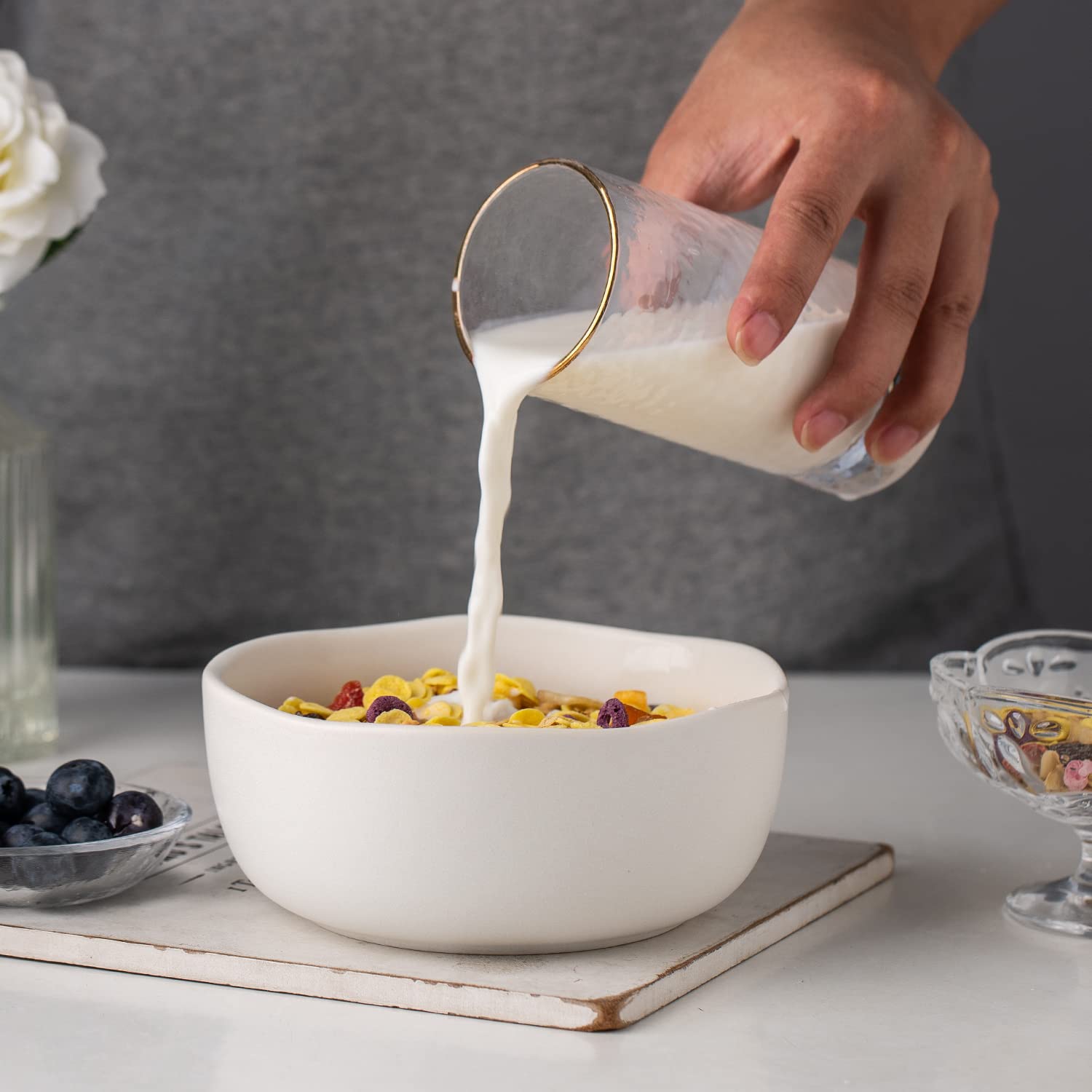 AmorArc 28oz Stoneware Cereal Bowls Set of 4 - Large Ceramic Soup & Pasta Bowls for Kitchen, Microwave, Oven & Dishwasher Safe - Matte White Wavy Rim Bowls for Breakfast, Snacks, Salads & Family Meals