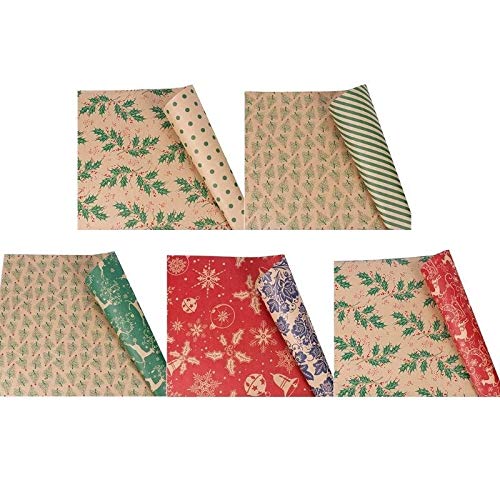 DUOER 5-Piece Christmas Wrapping Paper Roll Set - Eco-Friendly Kraft Gift Wrapping Paper with Matching Gift Bags - Perfect for Holiday Presents, Birthday Gifts & Party Decorations