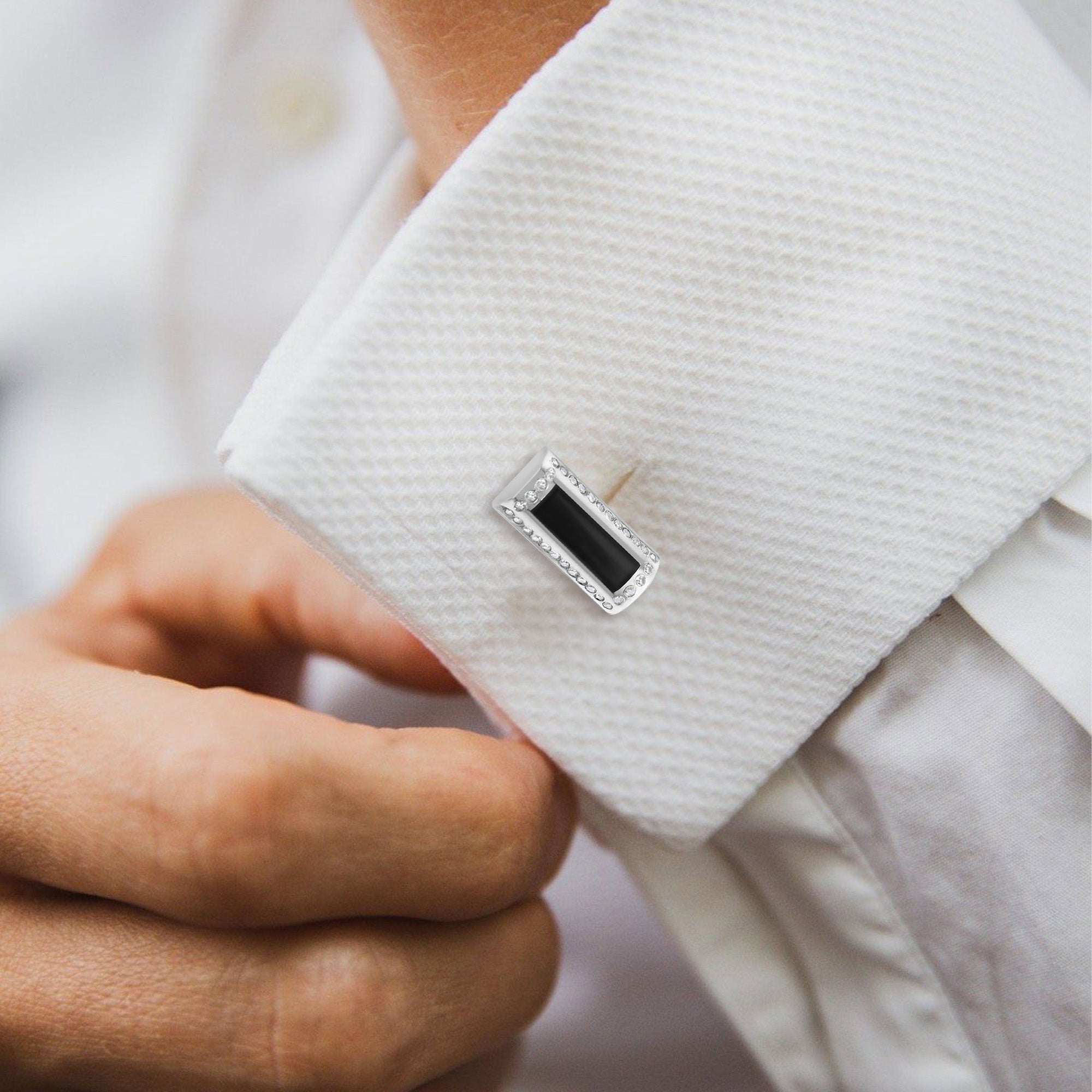 14k White Gold Rectangular Onyx & Diamond Cufflinks for Men - Elegant Wedding, Formal & Business Attire Accessories