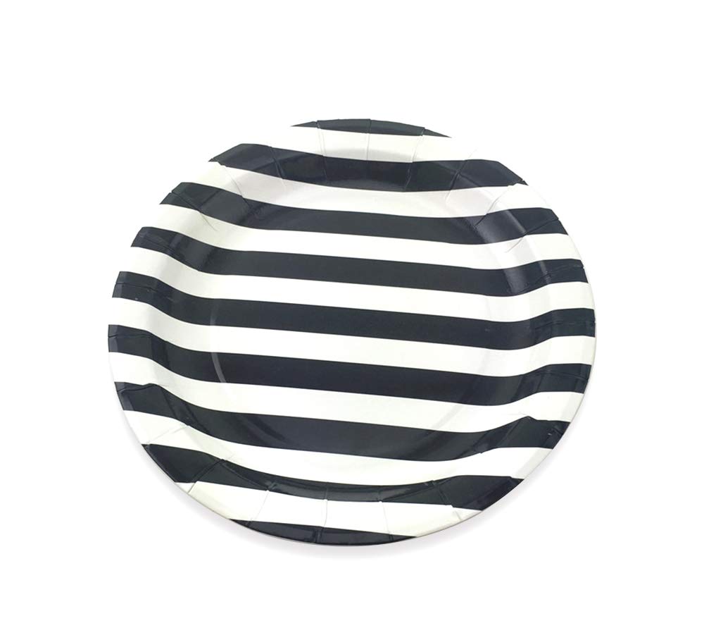 Black Striped Paper Plates 72pcs - 9 Inch Round Disposable Party Plates for Desserts, Cakes, Fruits - Perfect for Birthday Parties, Baby Showers & Picnics
