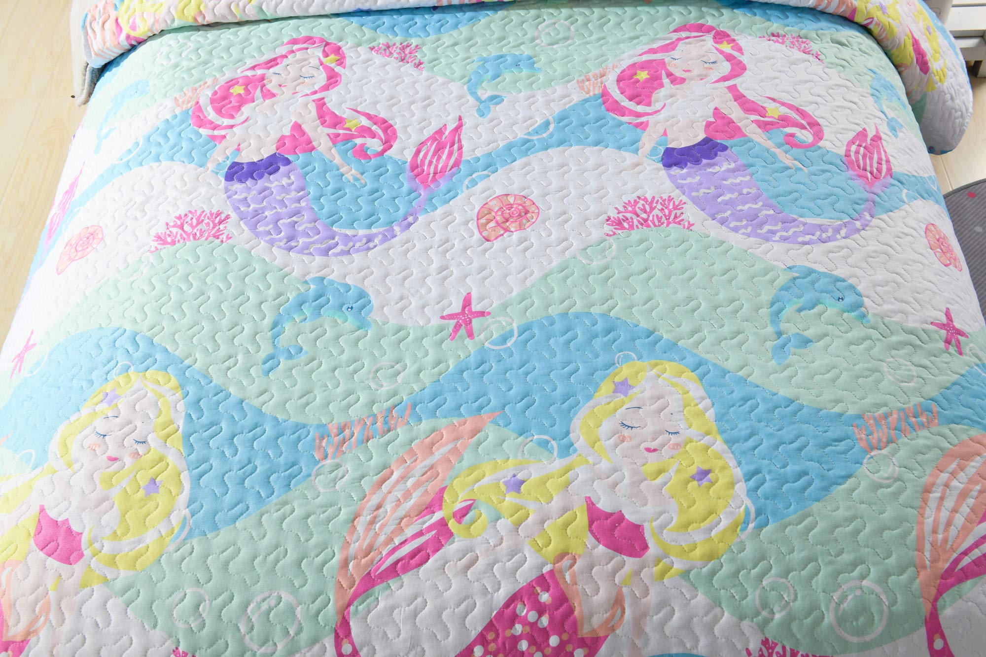 MarCielo 2/3 Piece Kids Bedspread Quilt Set - Twin Size Mermaid Printed Comforter & Throw Blanket for Boys & Girls - Soft Bedding Coverlet for Teens' Room Decor, Sleepovers, and Cozy Nap Time