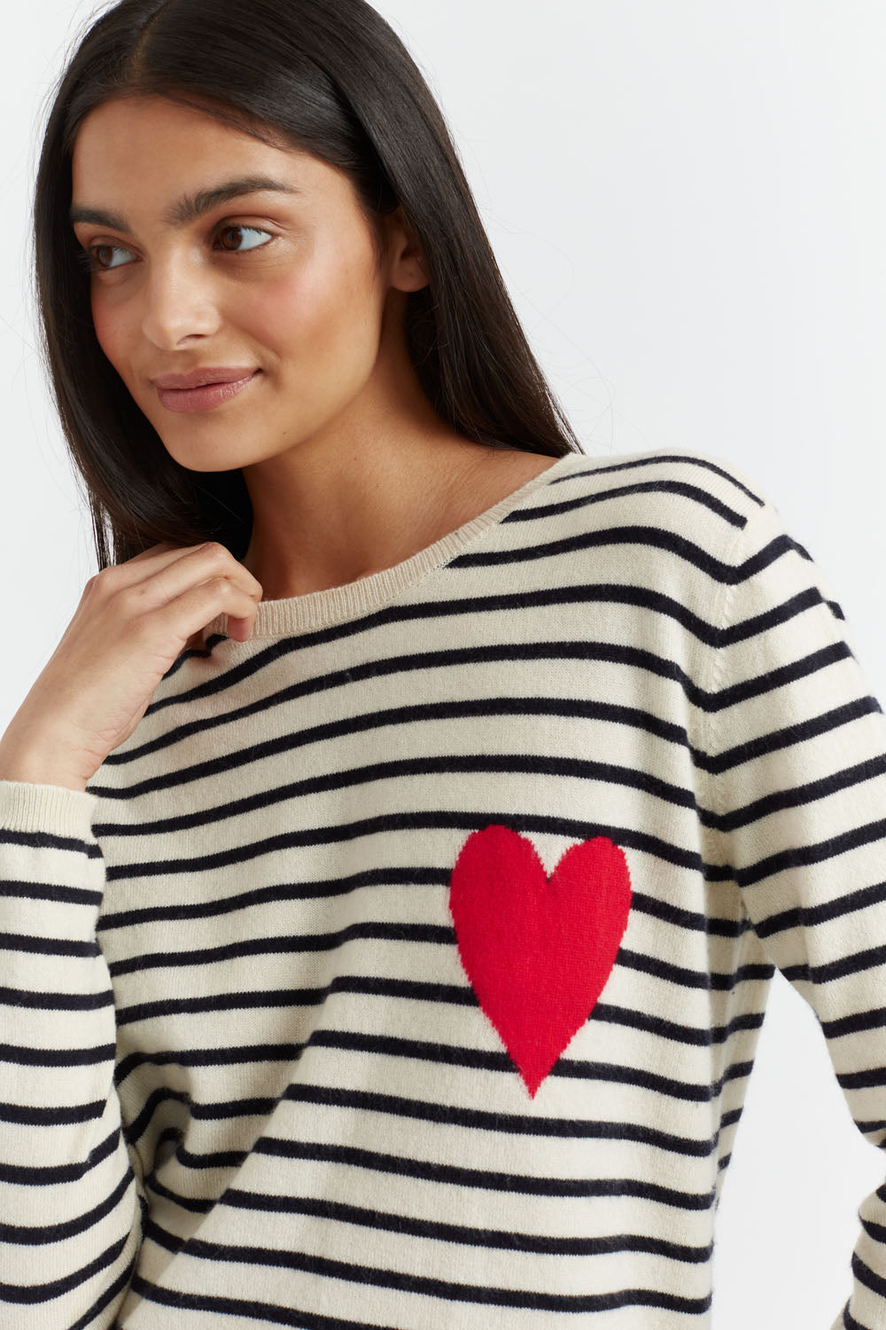 Navy Blue Wool Cashmere Sweater for Women - Soft Breton Heart Knit Pullover - Perfect for Fall Winter Fashion, Office Wear & Casual Outings