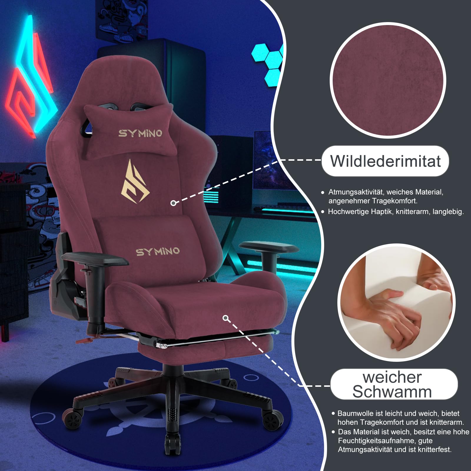 Symino Ergonomic Gaming Chair - Breathable High-Quality Fabric Office Chair with Adjustable Height, 360° Rotation & Footrest - Soft Fur-Like Comfort for PC Gaming & Work - Perfect for Home Office, Streaming & Esports