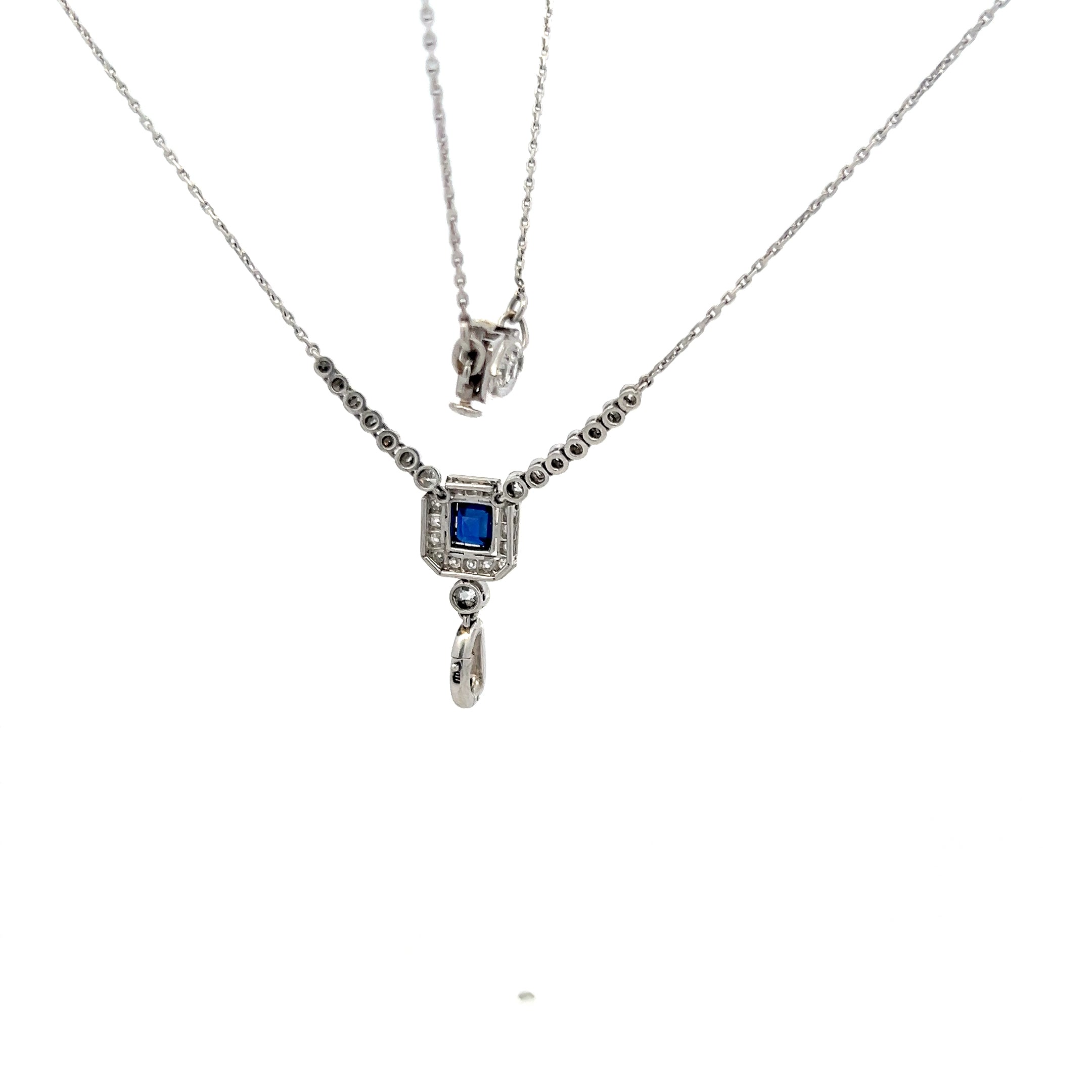 0.43 Carat Old European Cut Diamond & 0.25 Carat Sapphire Platinum Pendant Necklace - Vintage Jewelry for Weddings, Anniversaries & Special Occasions