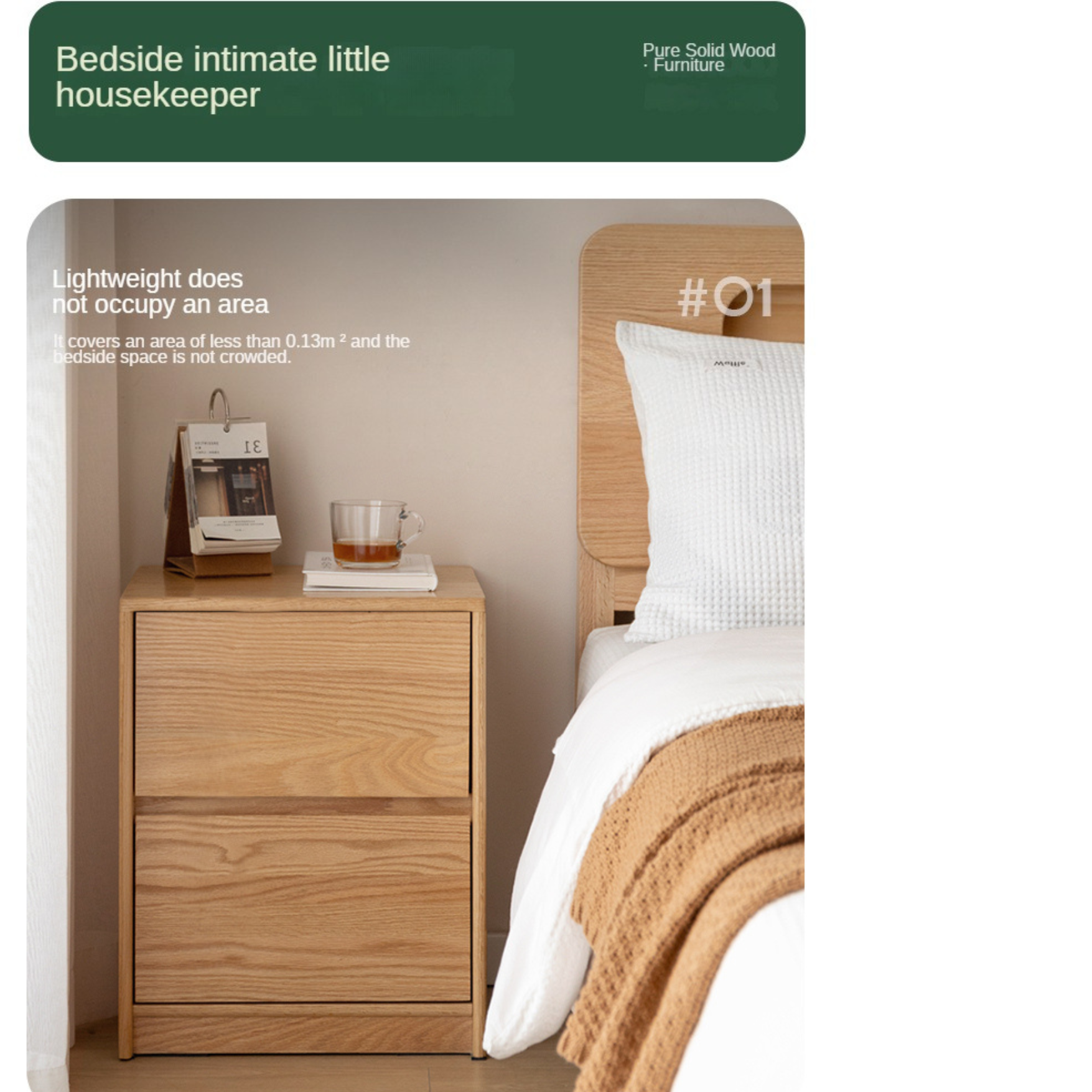 Solid Oak Wood Nightstand with 2 Drawers - Bedroom Side Table for Bedside Storage & Organization