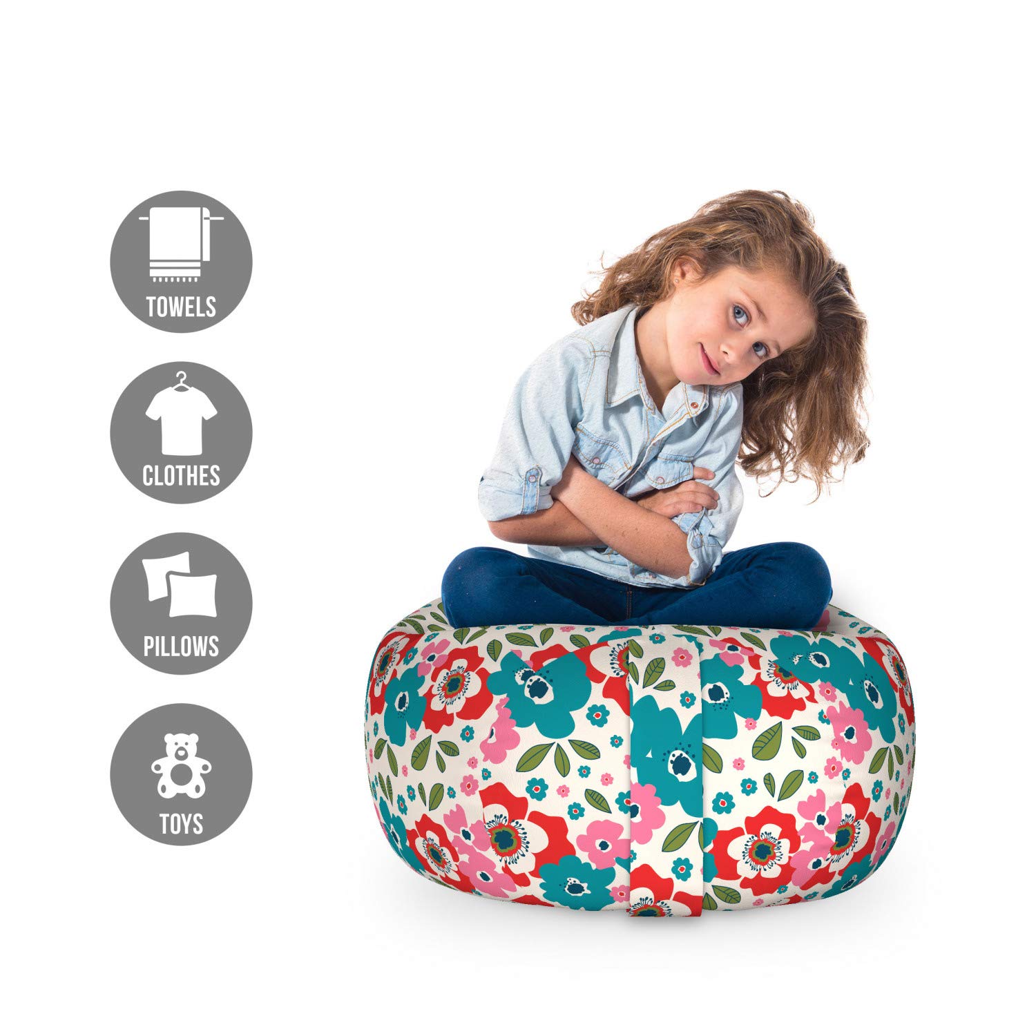 Ambesonne Floral Toy Storage Bag Chair - Washable Stuffed Animal Organizer with Spring Flowers Design on Eggshell Backdrop, Small Multicolor - Perfect for Kids' Room, Nursery, Playroom & Home Organization