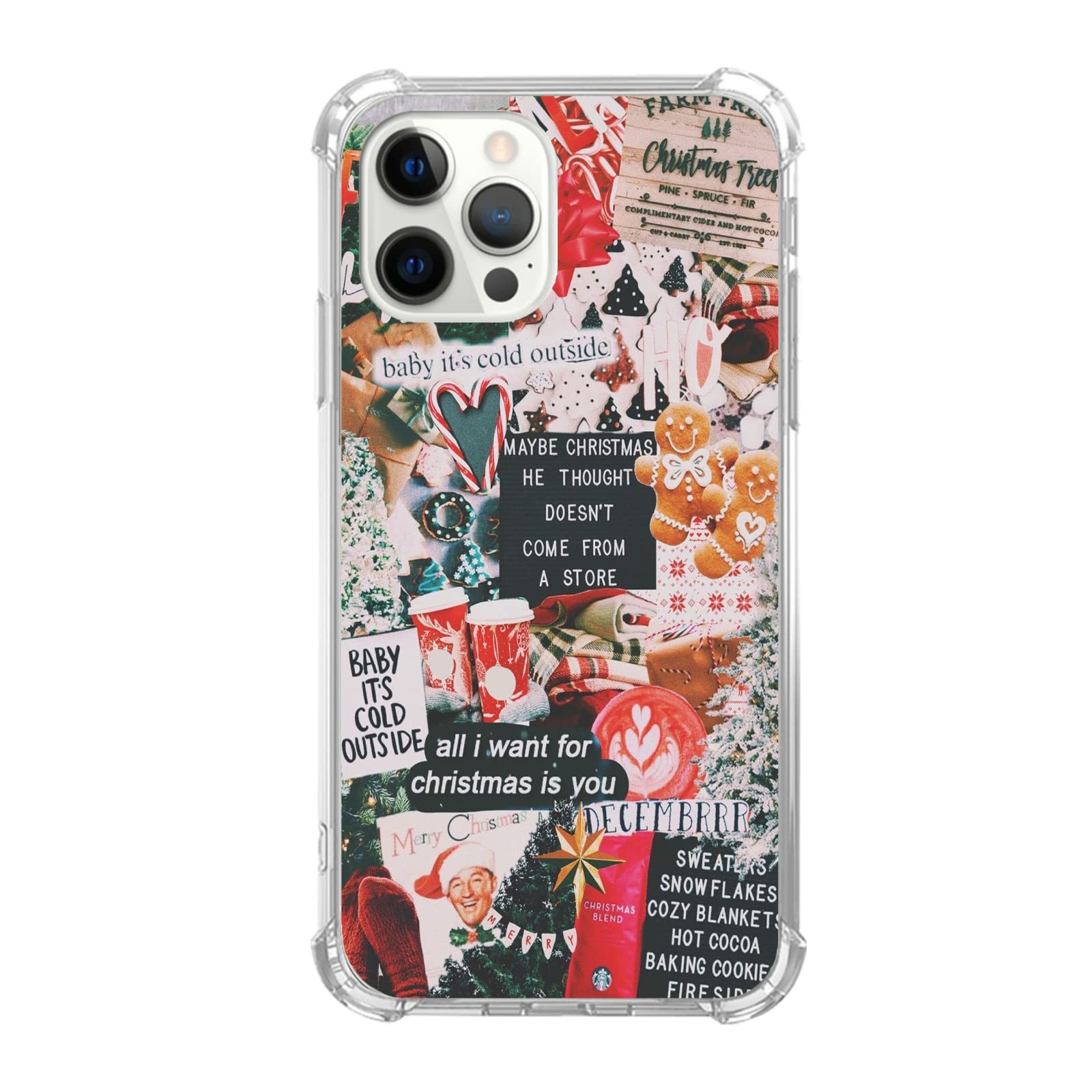 Christmas iPhone 12 Pro Max Case - Winter Collage Design with Retro Christmas Tree & Gingerbread Pattern | Trendy TPU Bumper Cover for Women & Men | Perfect Holiday Gift & Seasonal Protection