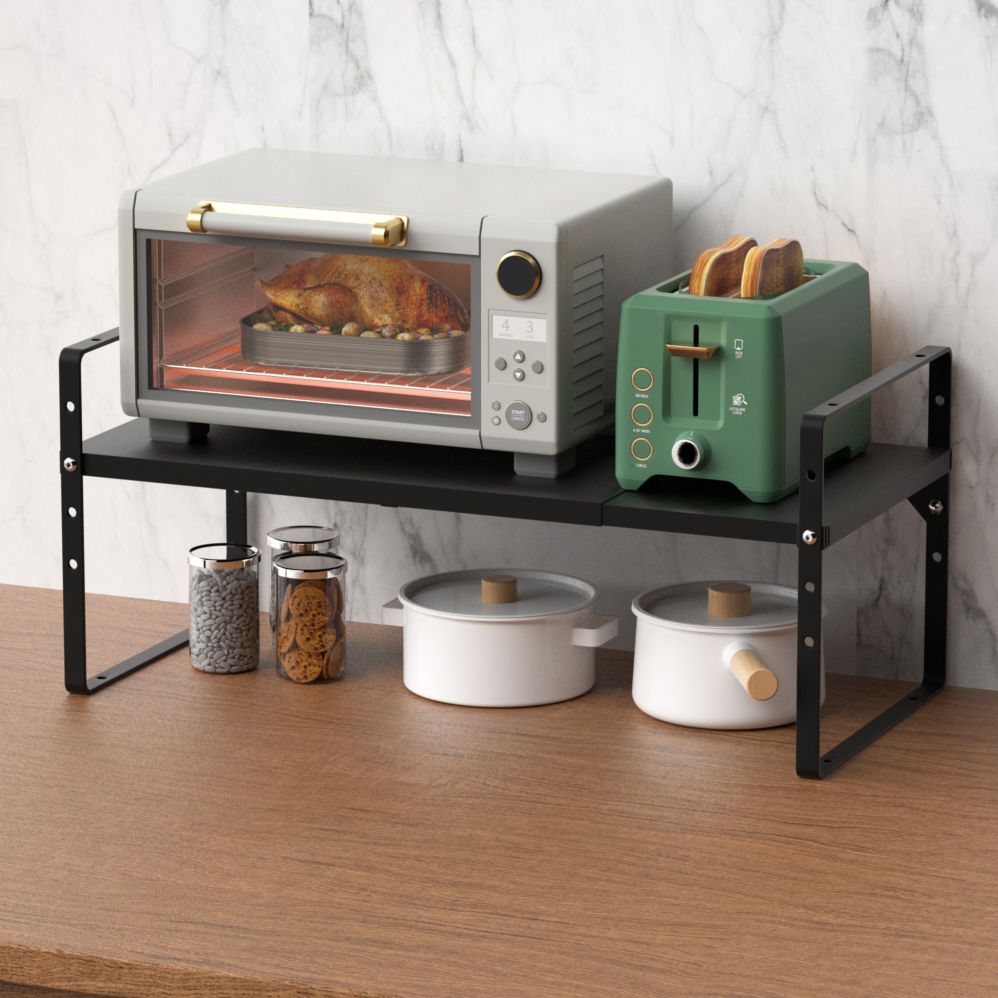 2 Pack Expandable Kitchen Cabinet Shelf Organizers - Stackable Metal Pantry Storage Rack, Adjustable Counter Shelf for Cabinets & Countertops - Perfect for Spice Organization, Baking Supplies & Small Appliance Storage (Black)