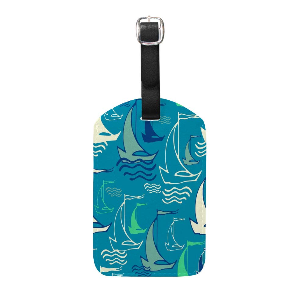 PU Leather Luggage Tags with Privacy Cover - Decorative Sailing Ships Design for Suitcases & Travel Bags | Durable ID Identifier for Airports, Cruise Ships & Business Trips | Perfect Traveler Gift