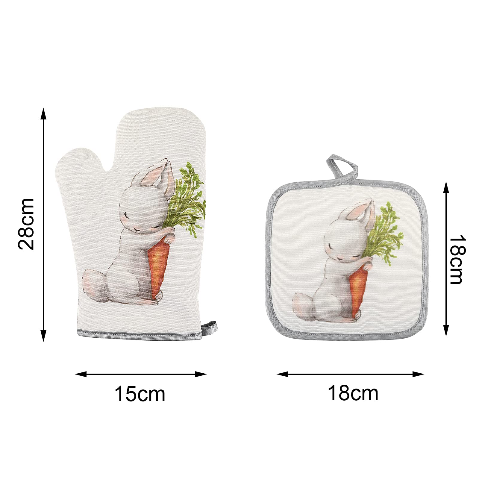 Heat Resistant Oven Mitts and Pot Holders Set - Cute Bunny Rabbit Print Kitchen Gloves for Cooking, Baking, Grilling - Easter Gifts for Women & Home Chefs - Perfect for Holiday Baking, BBQ, and Everyday Kitchen Use
