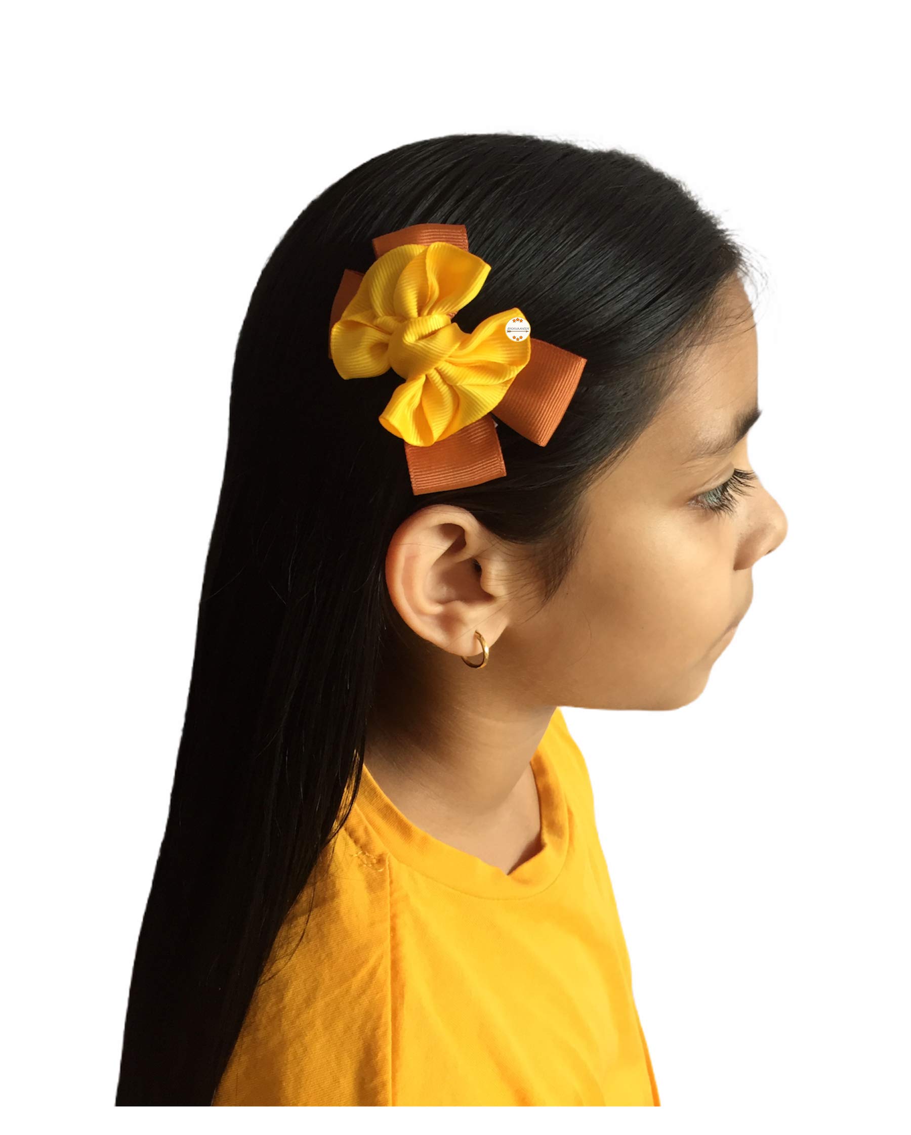 Handmade Ribbon Bow Hair Clips for Toddler Baby Girls & Women - Alligator Hair Pins Set of 2 (Yellow & Brown) - Perfect for Parties, School, and Everyday Hair Accessories