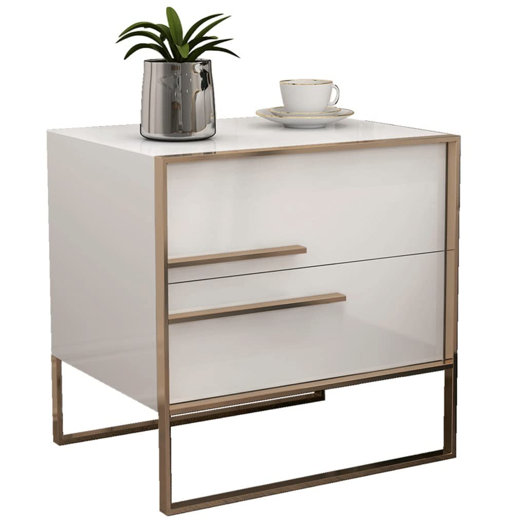 Nordic Style Modern Minimalist Bedside Table - White Nightstand with Storage Cabinet for Bedroom, Stainless Steel Frame, Black & White Paint - Perfect for Small Spaces, Apartment Living & Guest Rooms
