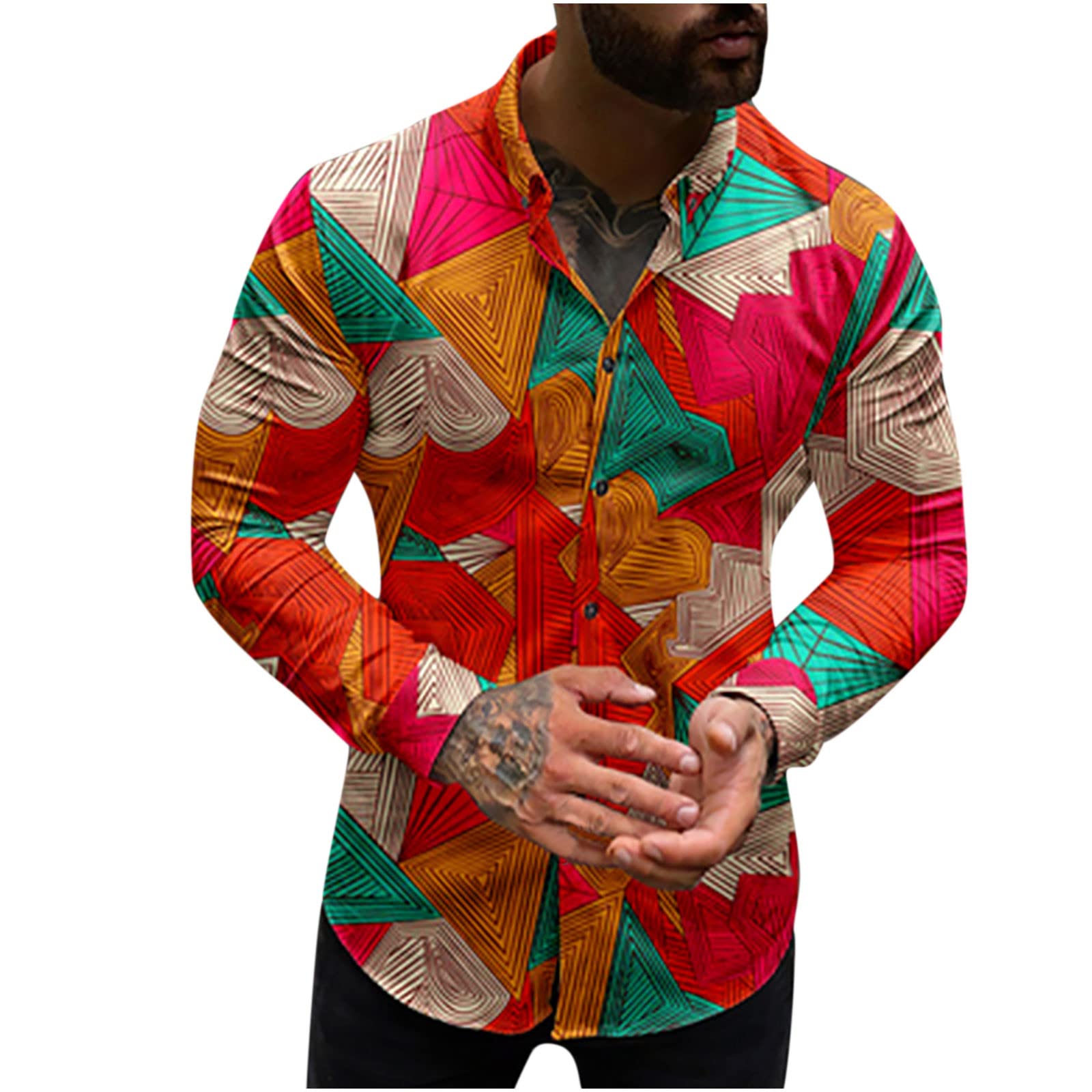 Men's Slim Fit Long Sleeve Hawaiian Shirt - Button Down Casual Muscle Shirt with Tropical Print, Plus Size Dress Shirts for Beach Vacation, Summer Party & Casual Wear
