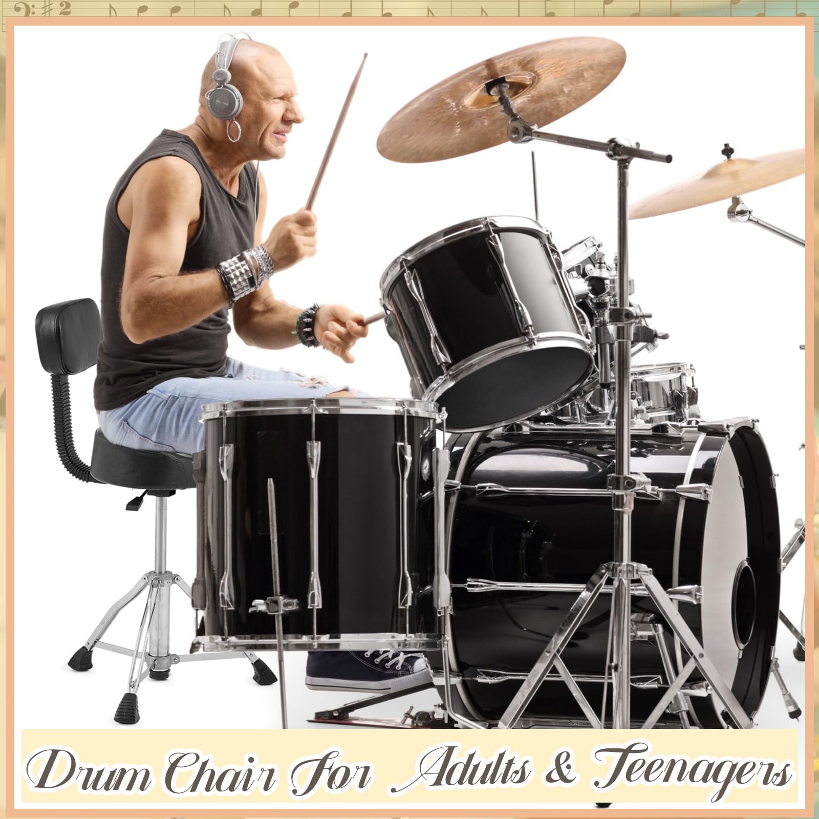 **Sintuff Adjustable Hydraulic Drum Throne with Backrest - Padded Memory Foam Seat, Stable Bass Design for Drummers & Guitarists - Perfect for Home Studios, Live Gigs & Practice Sessions (Black, Classic)**