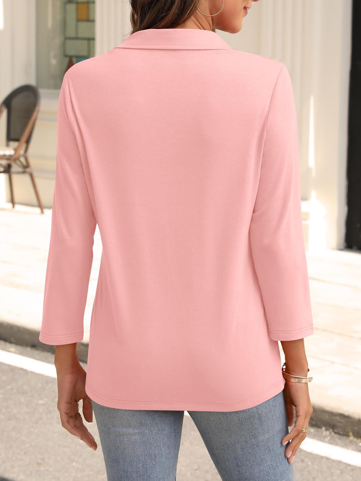 Women's V-Neck Polo Shirts 3/4 Sleeve Collared Tops - Business Casual Summer Blouses, Trendy Loose Fit T-Shirts for Work, Office & Outdoor Activities