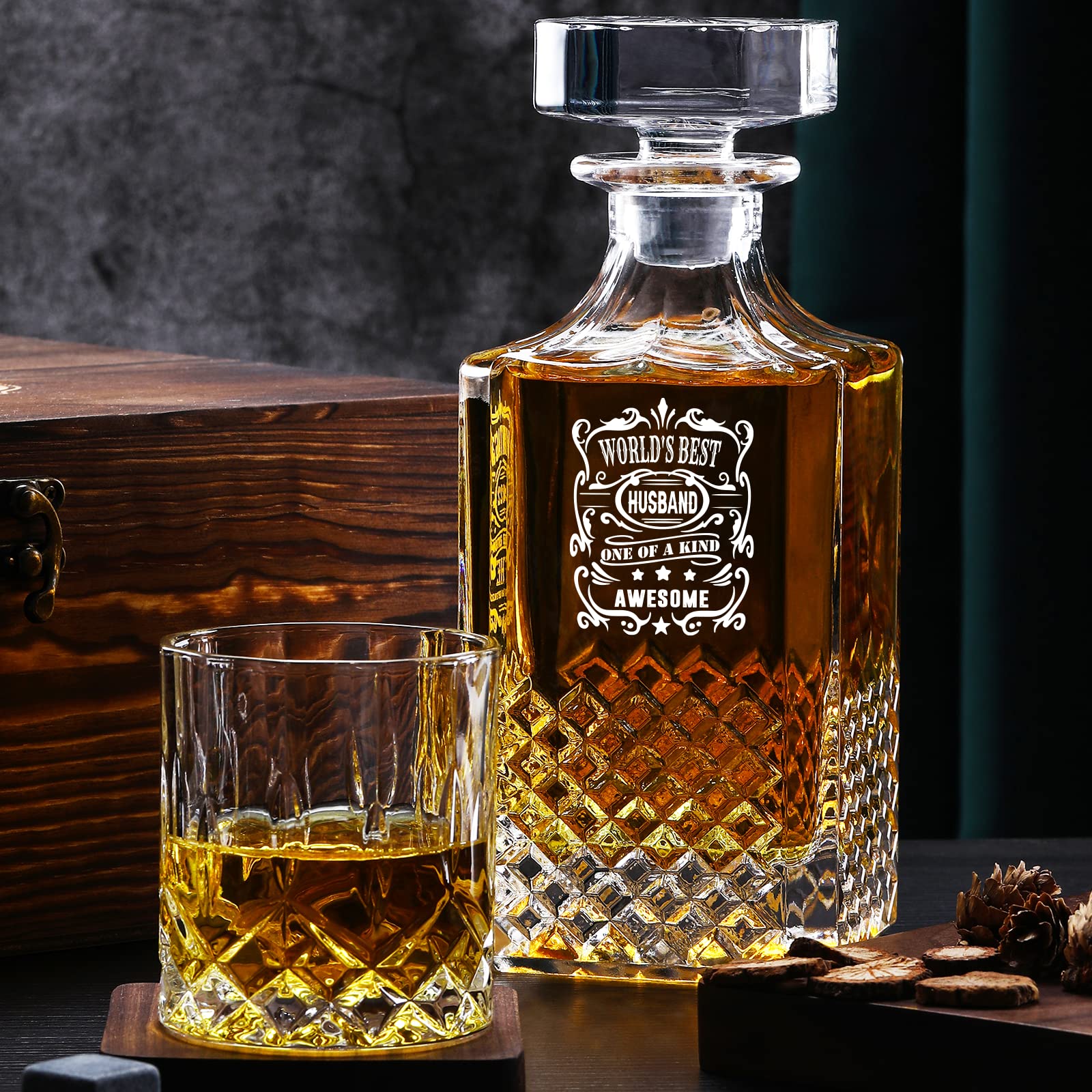 Premium Whiskey Gift Set for Men - Engraved Whiskey Glasses & Accessories - Ideal for Anniversary, Birthday, Christmas, Valentine's Day - Perfect Husband Gift from Wife for Special Occasions & Whiskey Tasting Nights