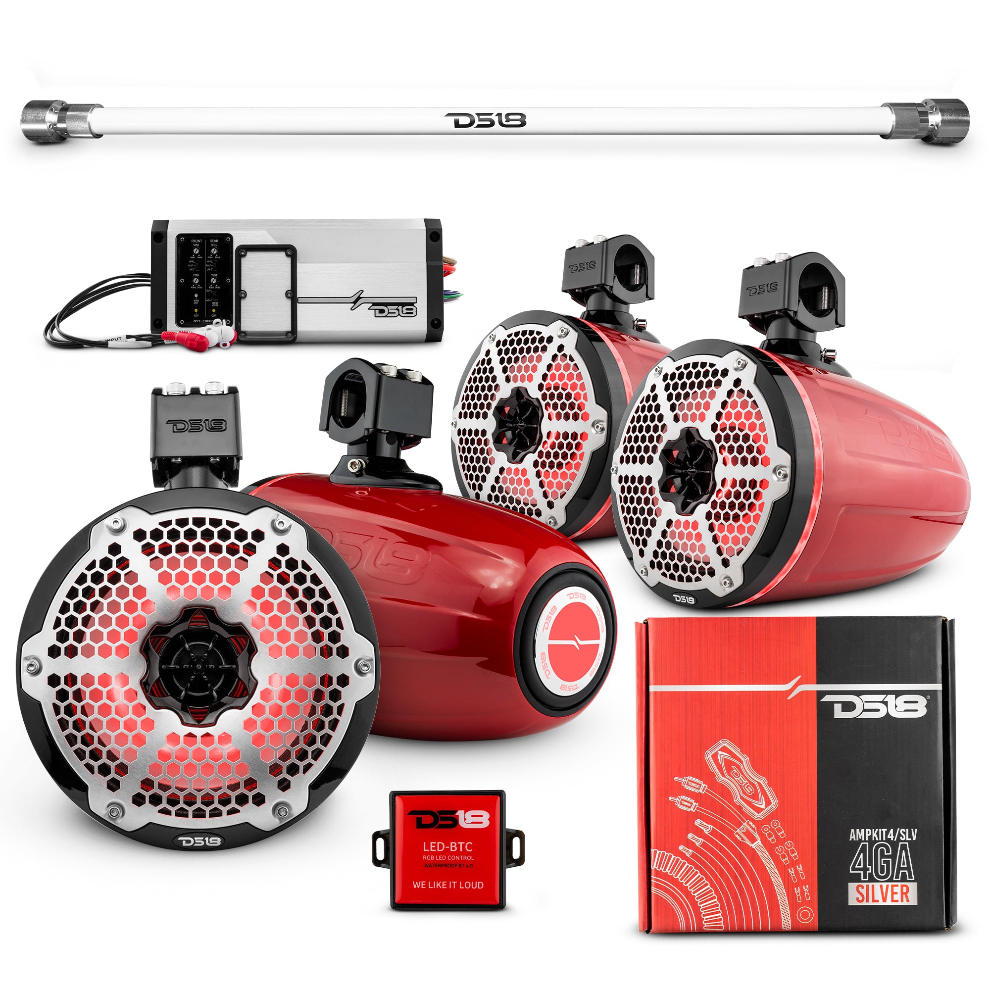 4x8 Inch Marine Tower Speakers with RGB LED Lights - 4 Channel Marine Amplifier & AMPKIT Bundle for Boats, Trucks & Pickups | Waterproof Audio System for Outdoor Parties, Poolside Entertainment & Off-Road Adventures