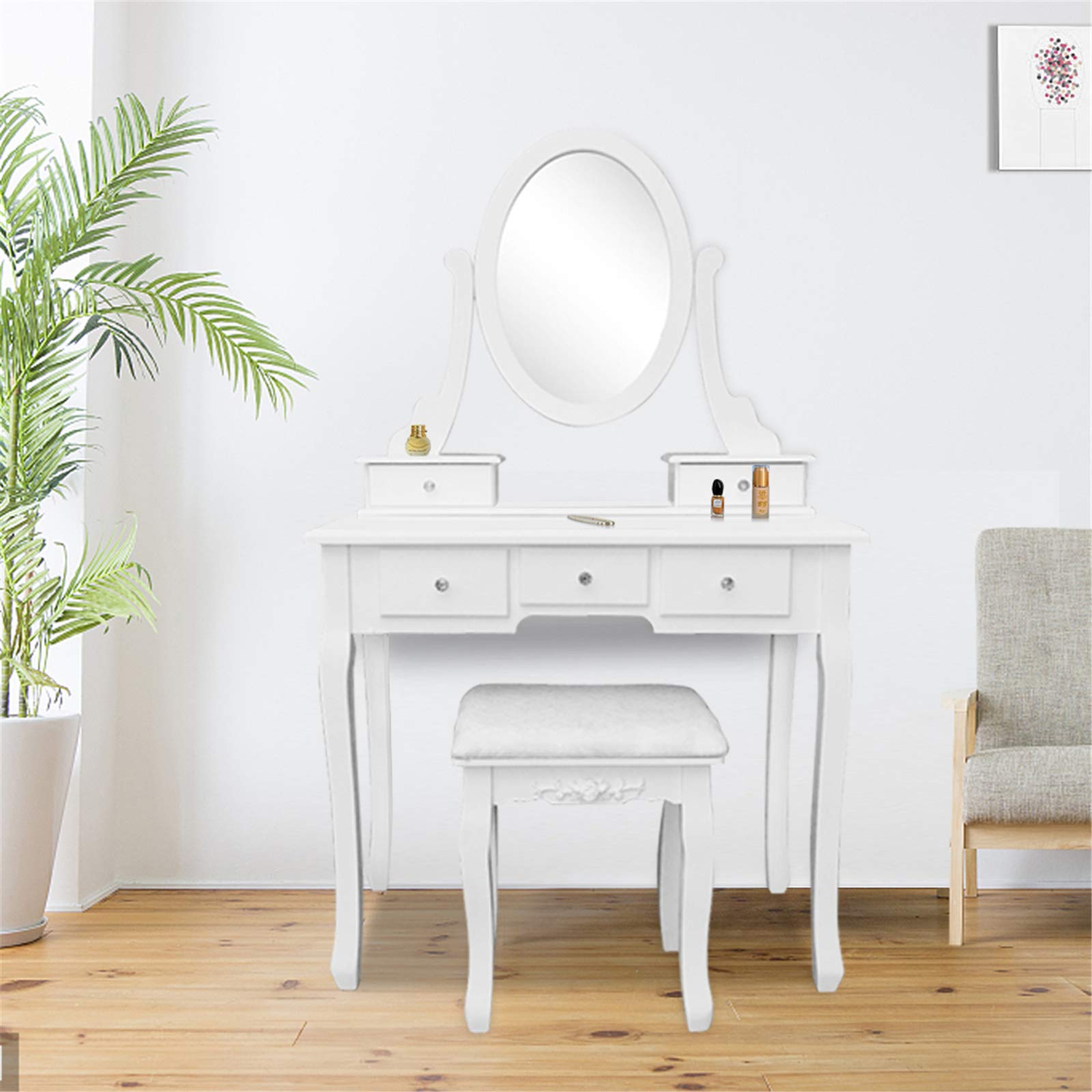 Elegant Dressing Table with Oval Mirror & 5 Drawers - Classic Makeup Vanity Set with Cushioned Stool for Women & Girls | Perfect for Bedroom Decor, Dressing Room & Beauty Routine
