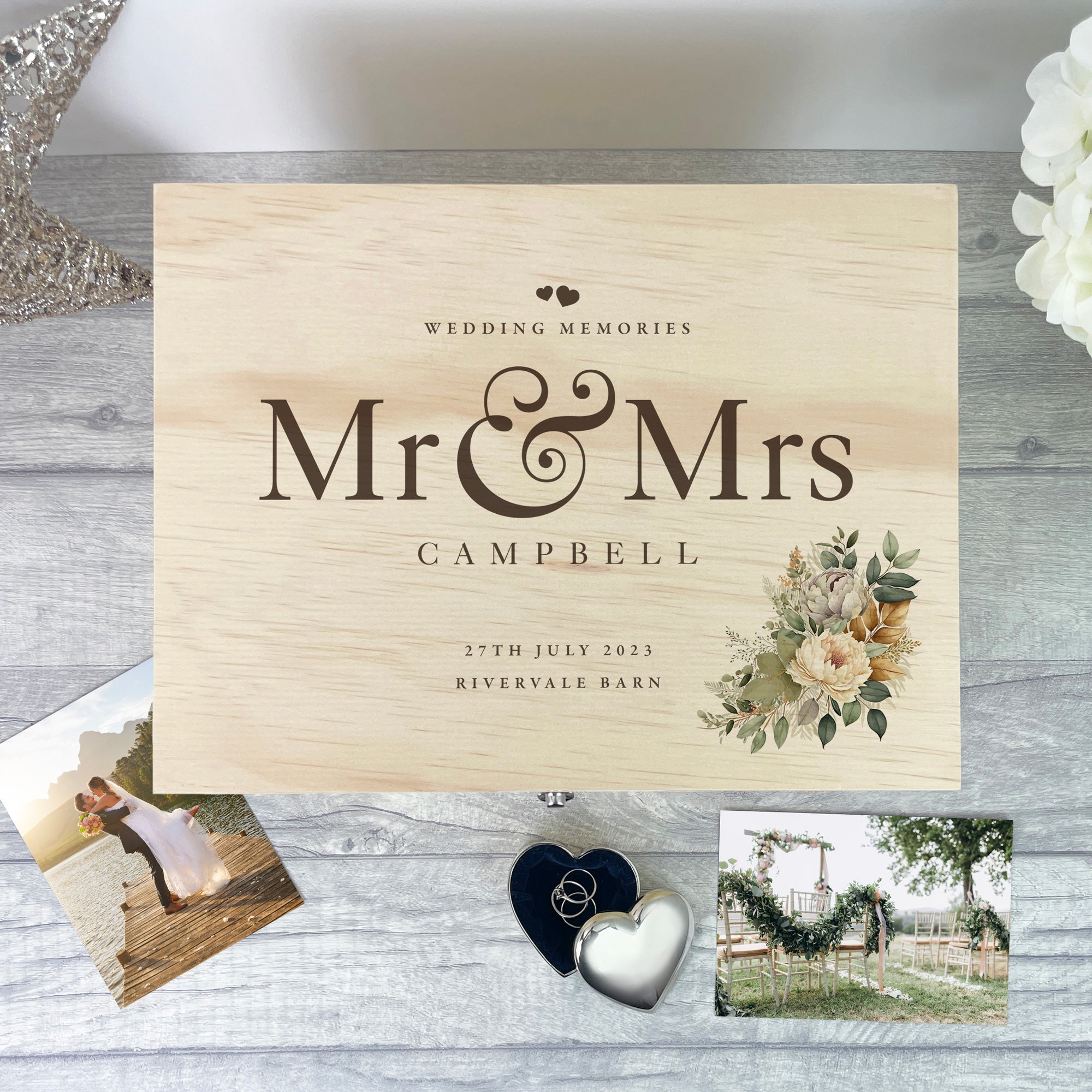 Personalized Pine Wood Wedding Memory Box - Handmade Boho Keepsake Box for Couples, Brides & Anniversaries - 5 Sizes (16cm, 20cm, 26cm, 30cm, 36cm) - Perfect for Storing Rings, Photos, Love Letters & Special Wedding Mementos