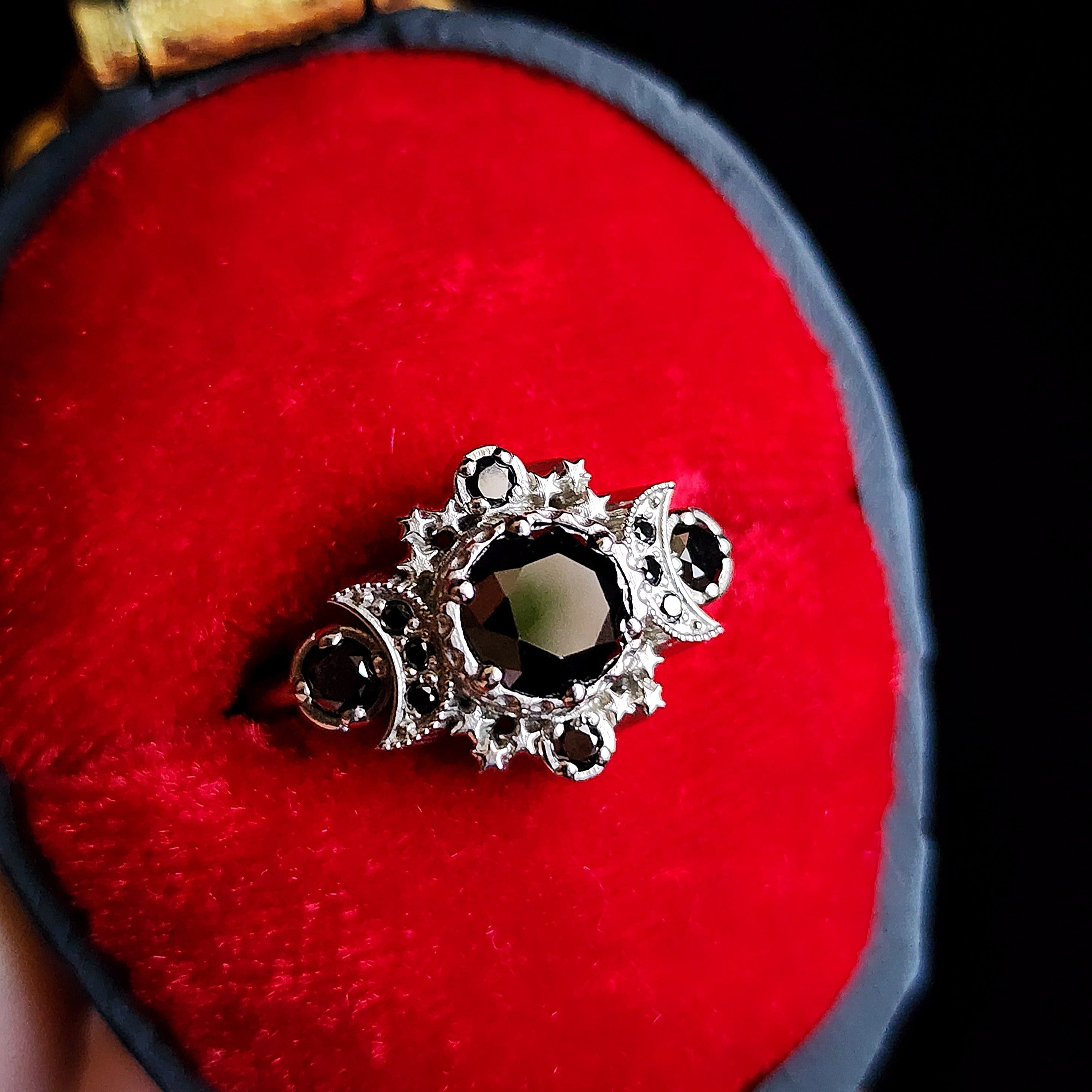 Black Diamond Gothic Moon Engagement Ring - Cosmos Triple Moon 3 Stone Ring with Stars - Dark Wedding Jewelry for Gothic Brides, Wiccan Ceremonies & Alternative Weddings
