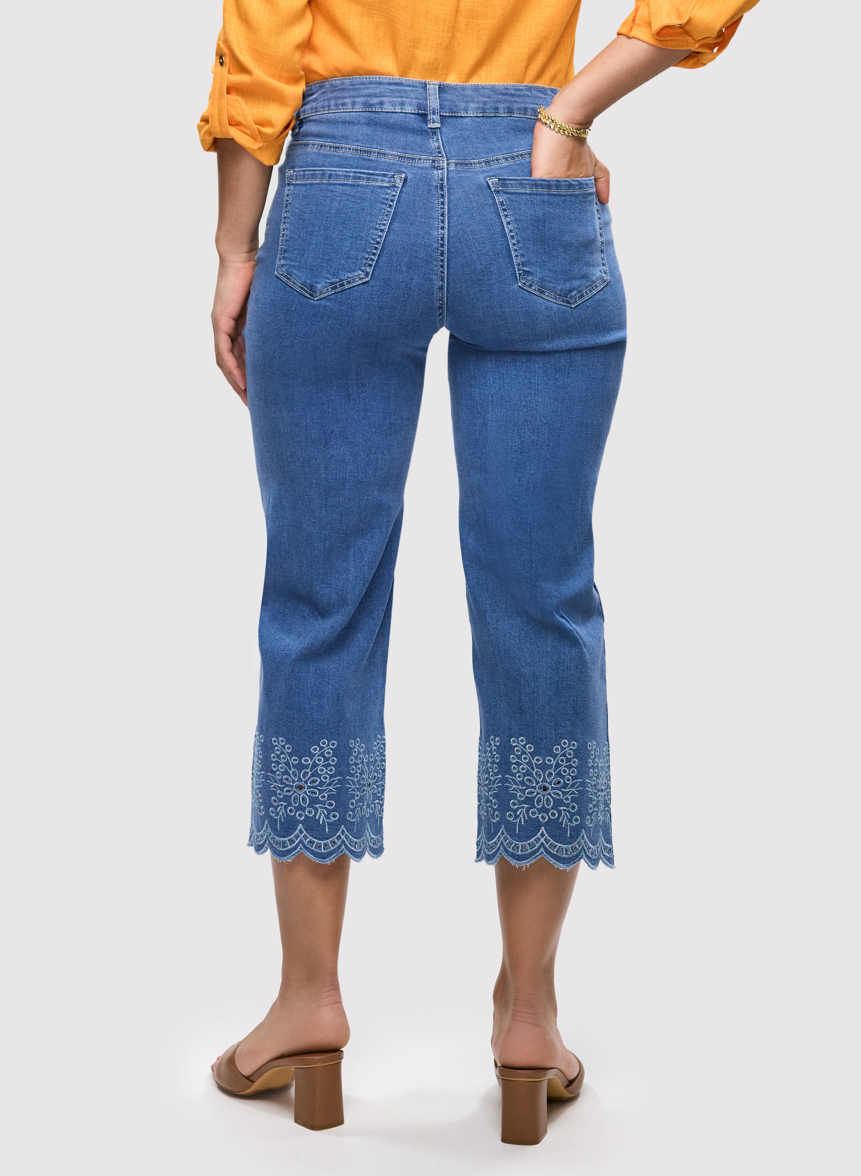 Embroidered Hem Capri Jeans for Women - Stretch Denim Pants with Floral Design - Perfect for Casual Outfits, Summer Wear & Boho Style Fashion