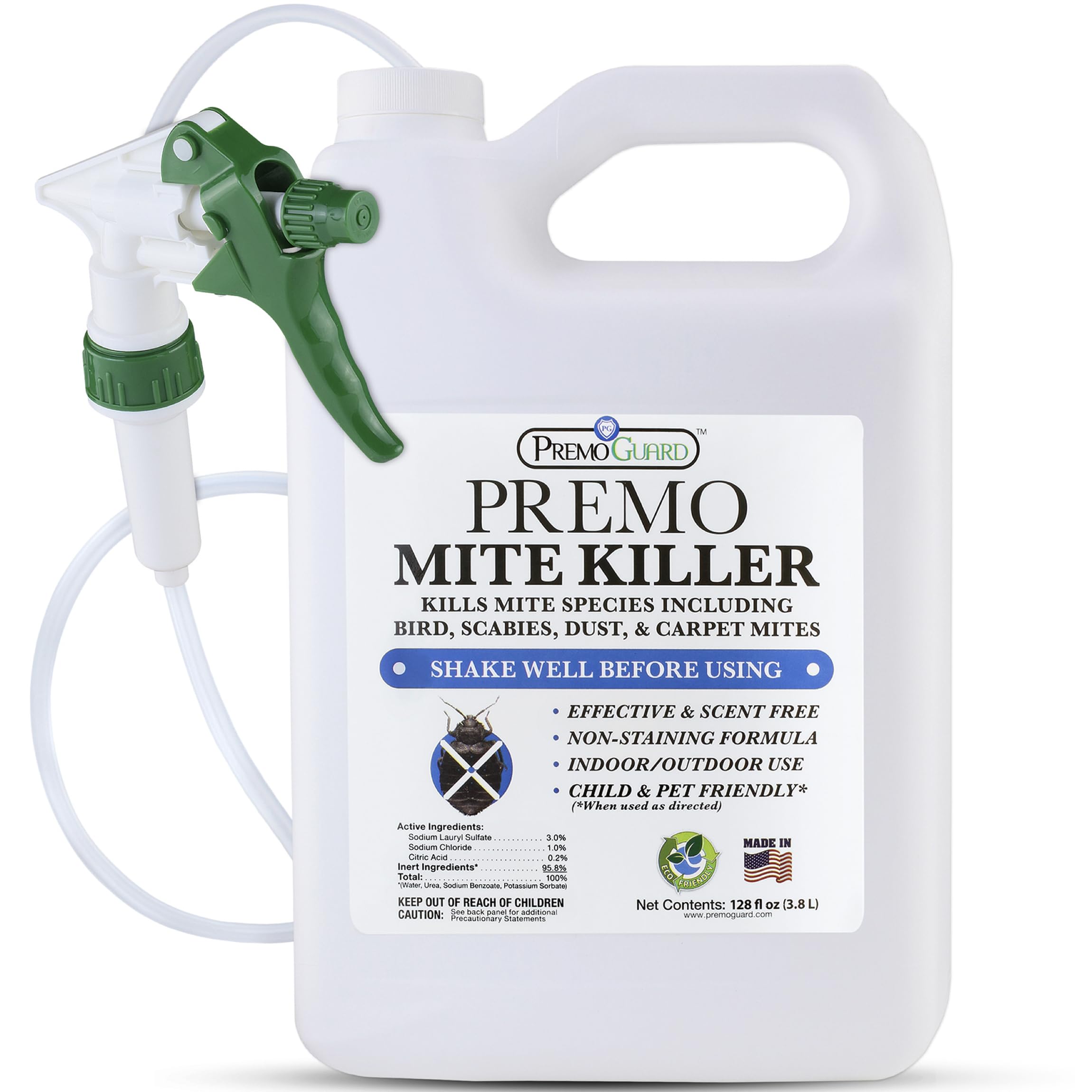 Premo Guard Natural Mite Treatment Spray – 128 oz – Kills Dust Mites, Scabies, Spider Mites, Carpet Mites, Bird Mites & Rodent Mites – Non-Toxic Formula Safe for Kids & Pets – Use on Beds, Mattresses, Furniture & Home Surfaces for Allergy Relief & Pest Control