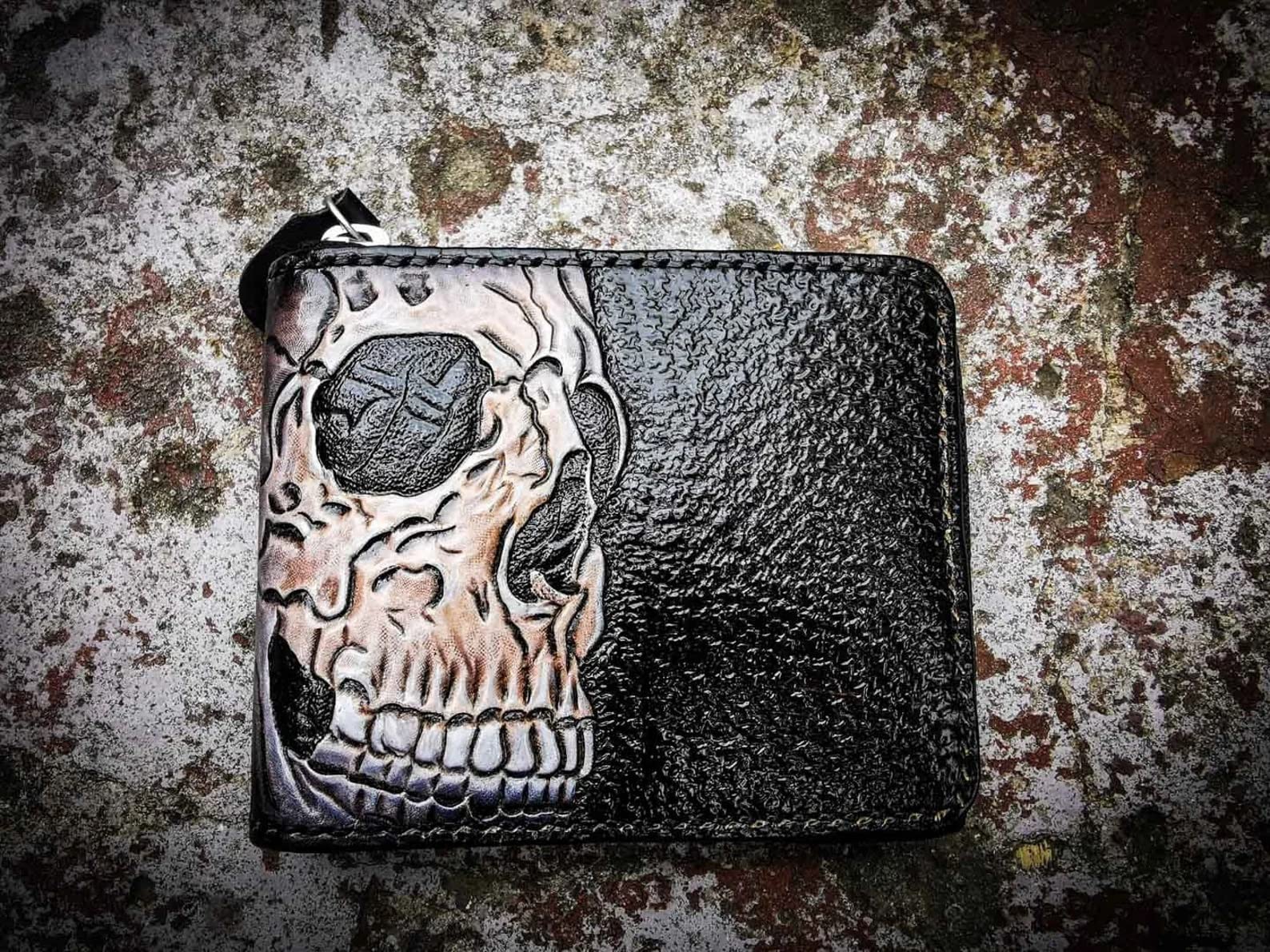 Handmade 3D Genuine Leather Skull Wallet for Men - Custom Carved & Tooled Bifold Wallet with Airbrush Art | Perfect Gift for Bikers, Rock Fans & Unique Style Lovers