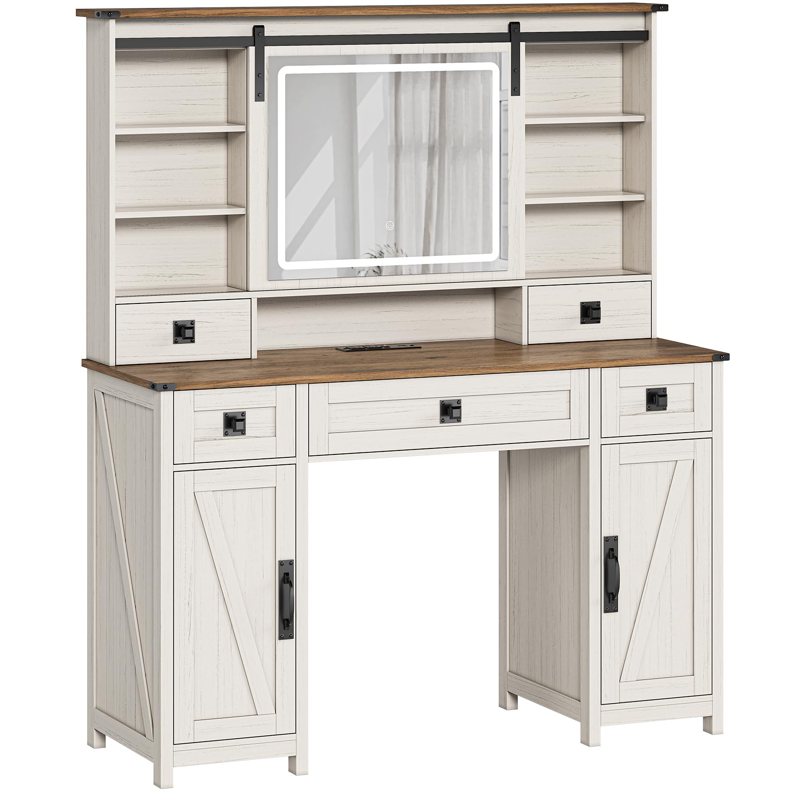 AOGLLATI Farmhouse Vanity Desk with Mirror & LED Lights - Large White Makeup Vanity Table with USB Charging Station, Ample Storage & Sliding Mirror - Perfect for Bedroom, Dressing Room & Bridal Makeup (Antique White)