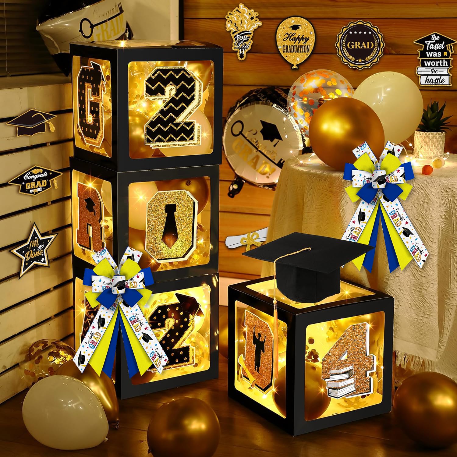 ALIBBON Graduation Wreath Bows - Blue Yellow Burlap Decor for Doors & Parties