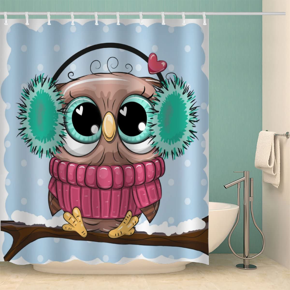 RFFLUX 3D Kawaii Owl Shower Curtain Set - 36x72 Inch Polyester Fabric with 12 Hooks, Machine Washable Winter Christmas Bathroom Decor for Farmhouse & Small Spaces - Perfect for Holiday Home Decor and Cozy Bathroom Makeovers