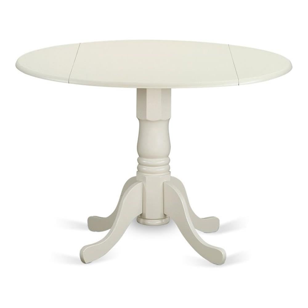 East West Furniture Dublin Modern Kitchen Table - 42 Inch Round Dining Table with Drop Leaf & Pedestal Base in Linen White | Space-Saving Design for Small Kitchens, Breakfast Nooks & Apartments